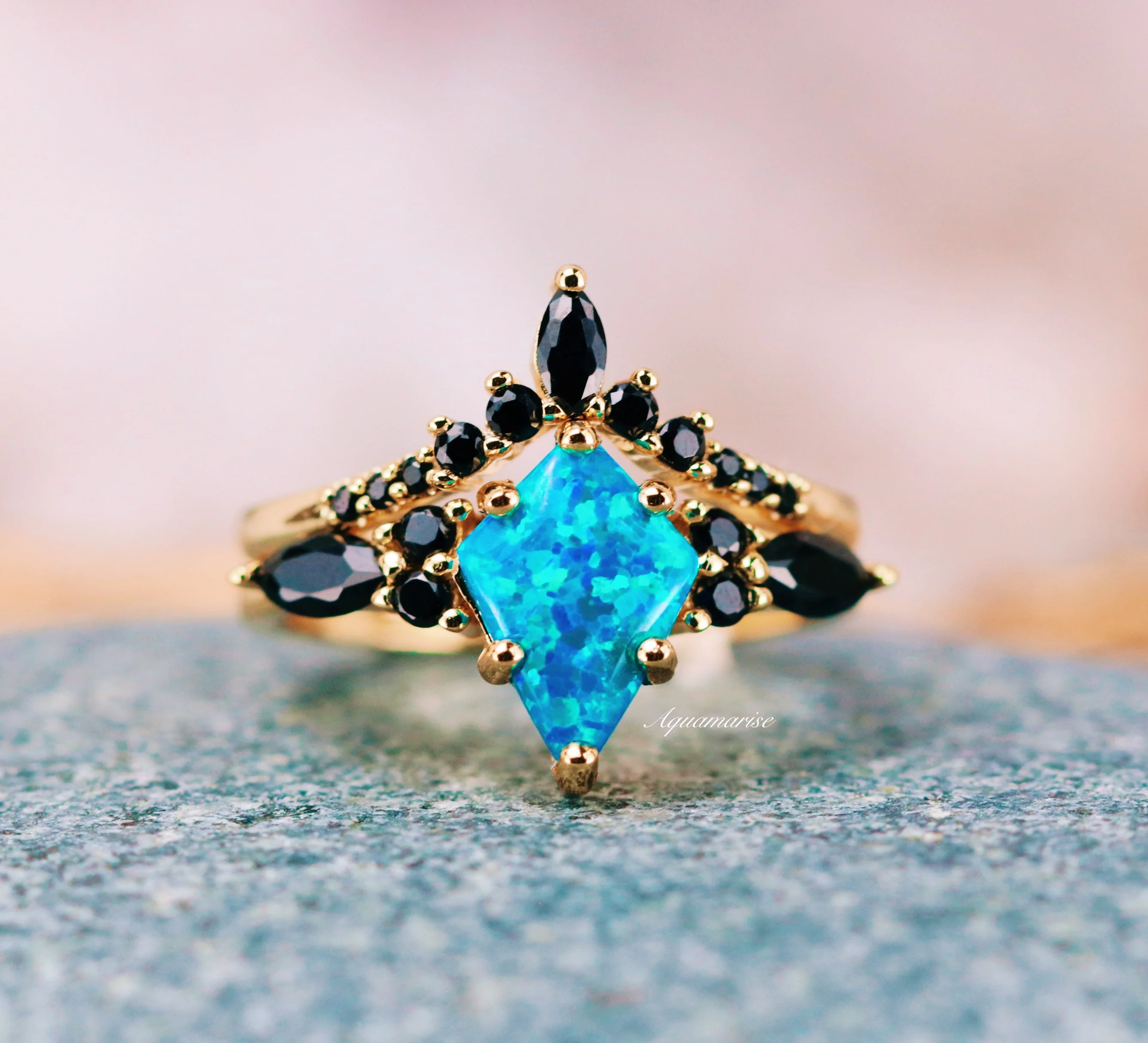 Skye Kite® Blue Fire Opal, Meteorite & Starry Night Couples Ring Set - Image 3