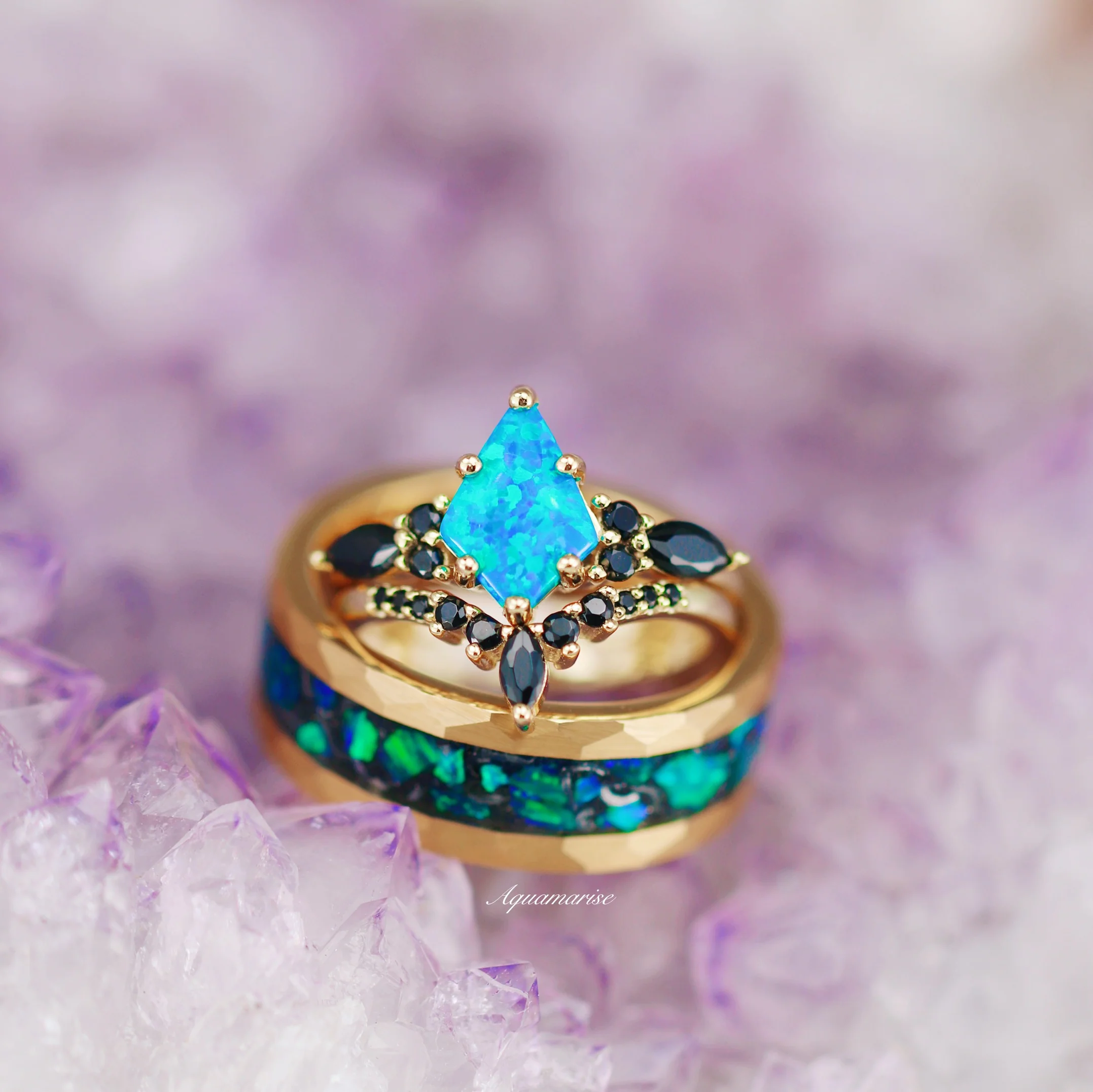 Skye Kite® Blue Fire Opal, Meteorite & Starry Night Couples Ring Set - Image 4