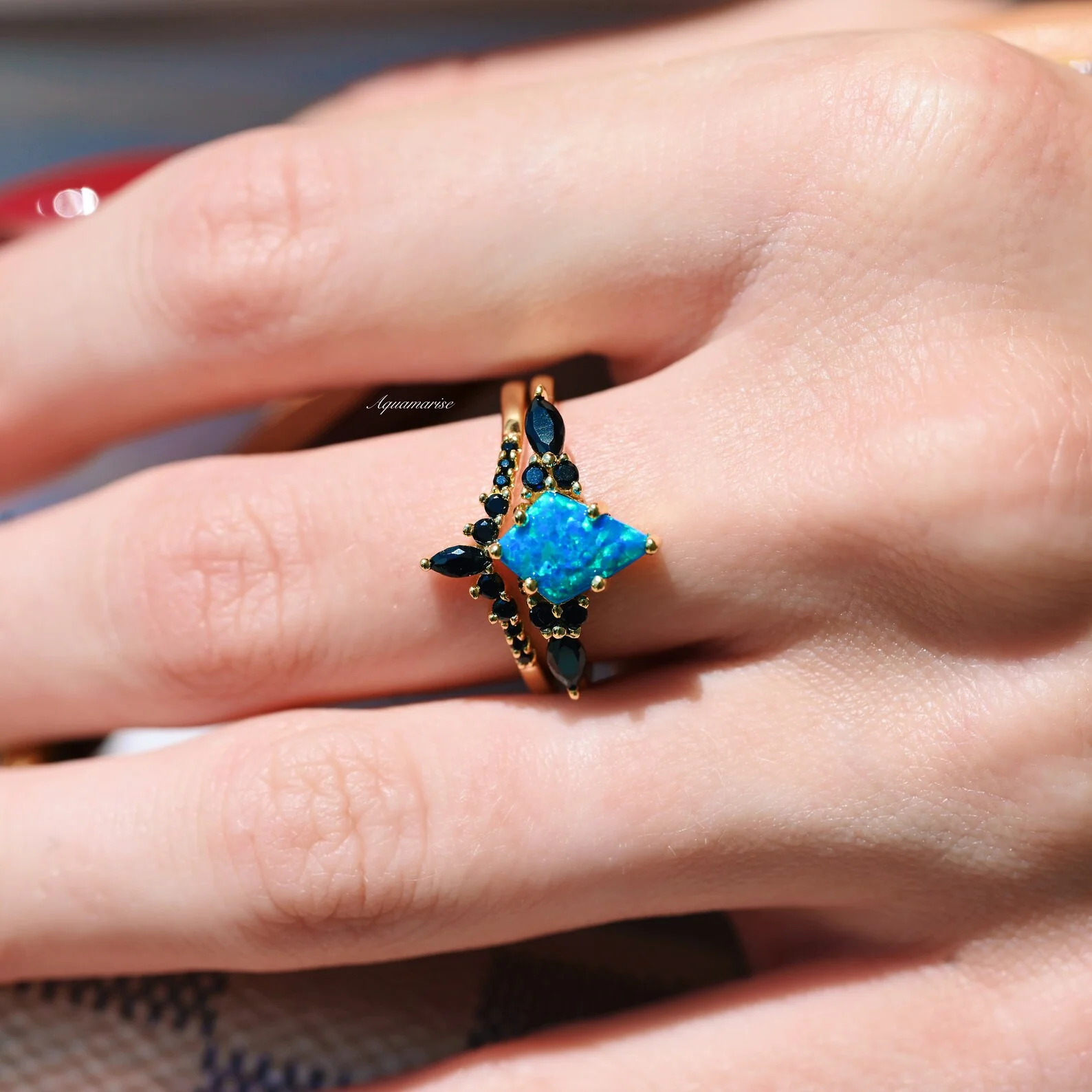 Skye Kite® Blue Fire Opal, Meteorite & Starry Night Couples Ring Set - Image 5
