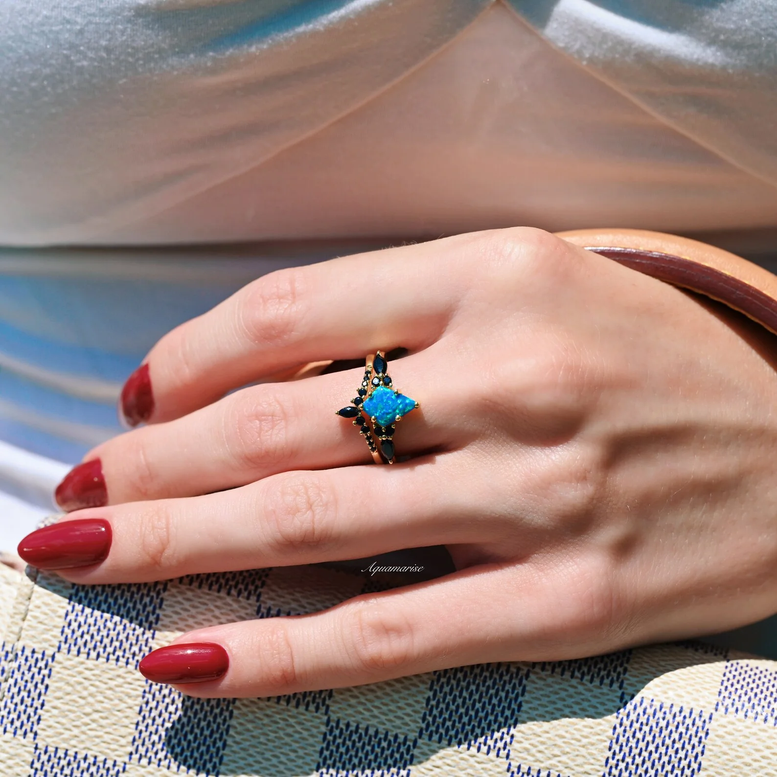 Skye Kite® Blue Fire Opal, Meteorite & Starry Night Couples Ring Set - Image 7