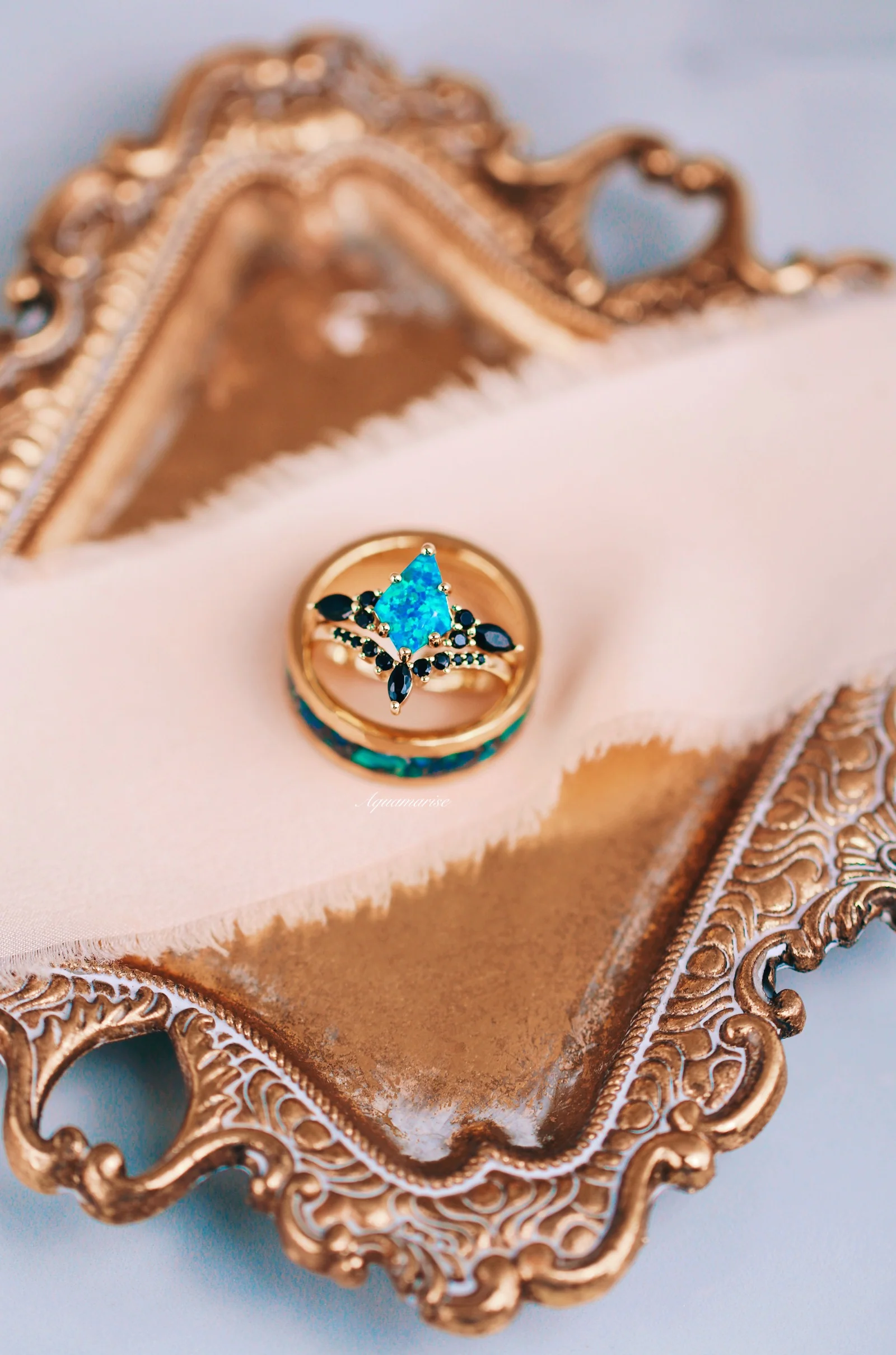 Skye Kite® Blue Fire Opal, Meteorite & Starry Night Couples Ring Set - Image 8