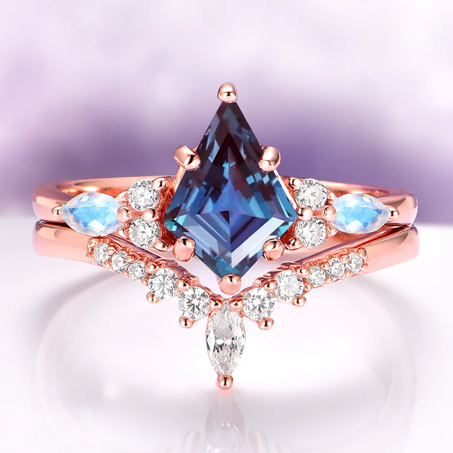 Skye Kite® Alexandrite & Moonstone Engagement Ring Set in 14K Solid Rose Gold