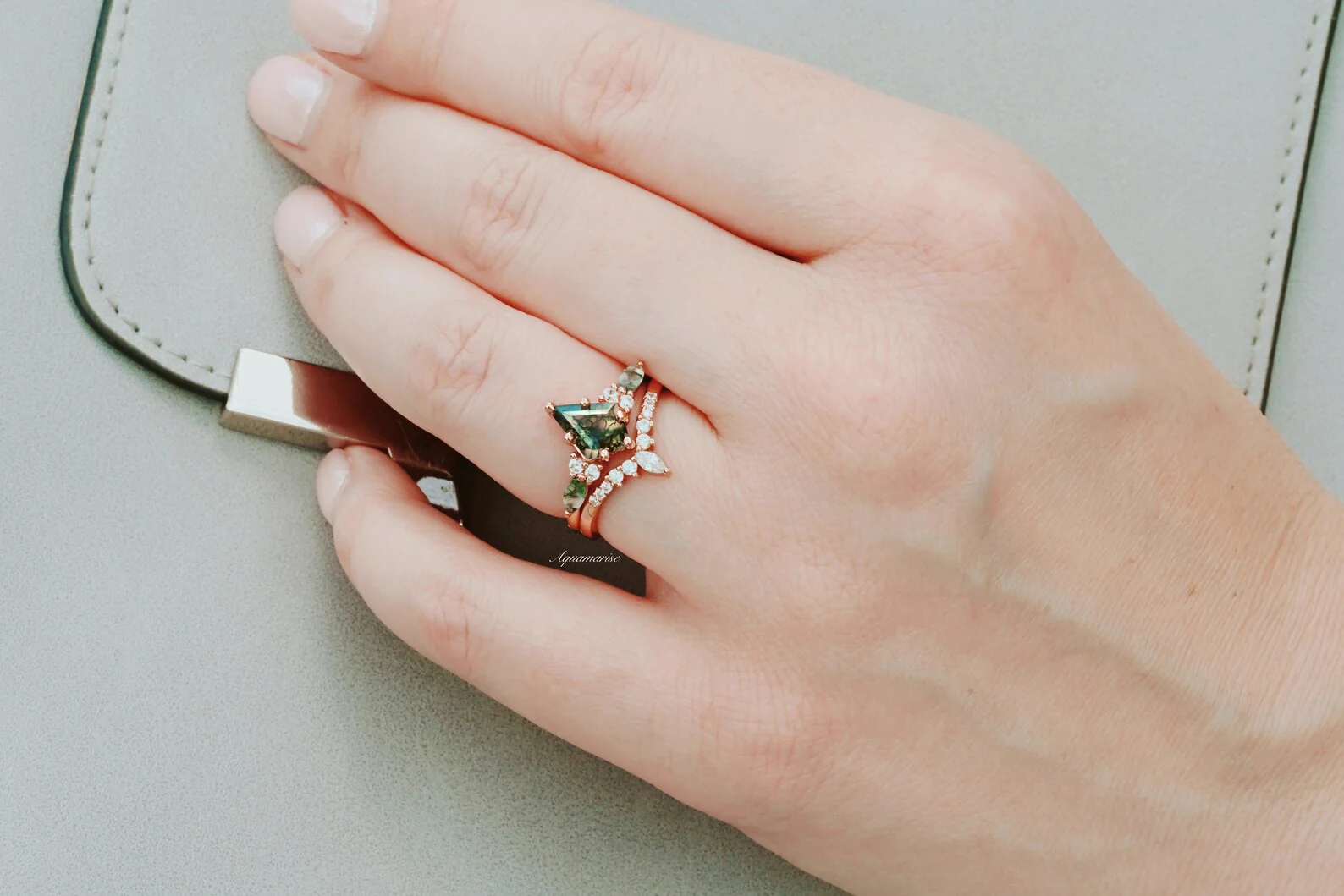 Skye Kite® Green Moss Agate Engagement Ring Set in 14K Solid Rose Gold - Image 7