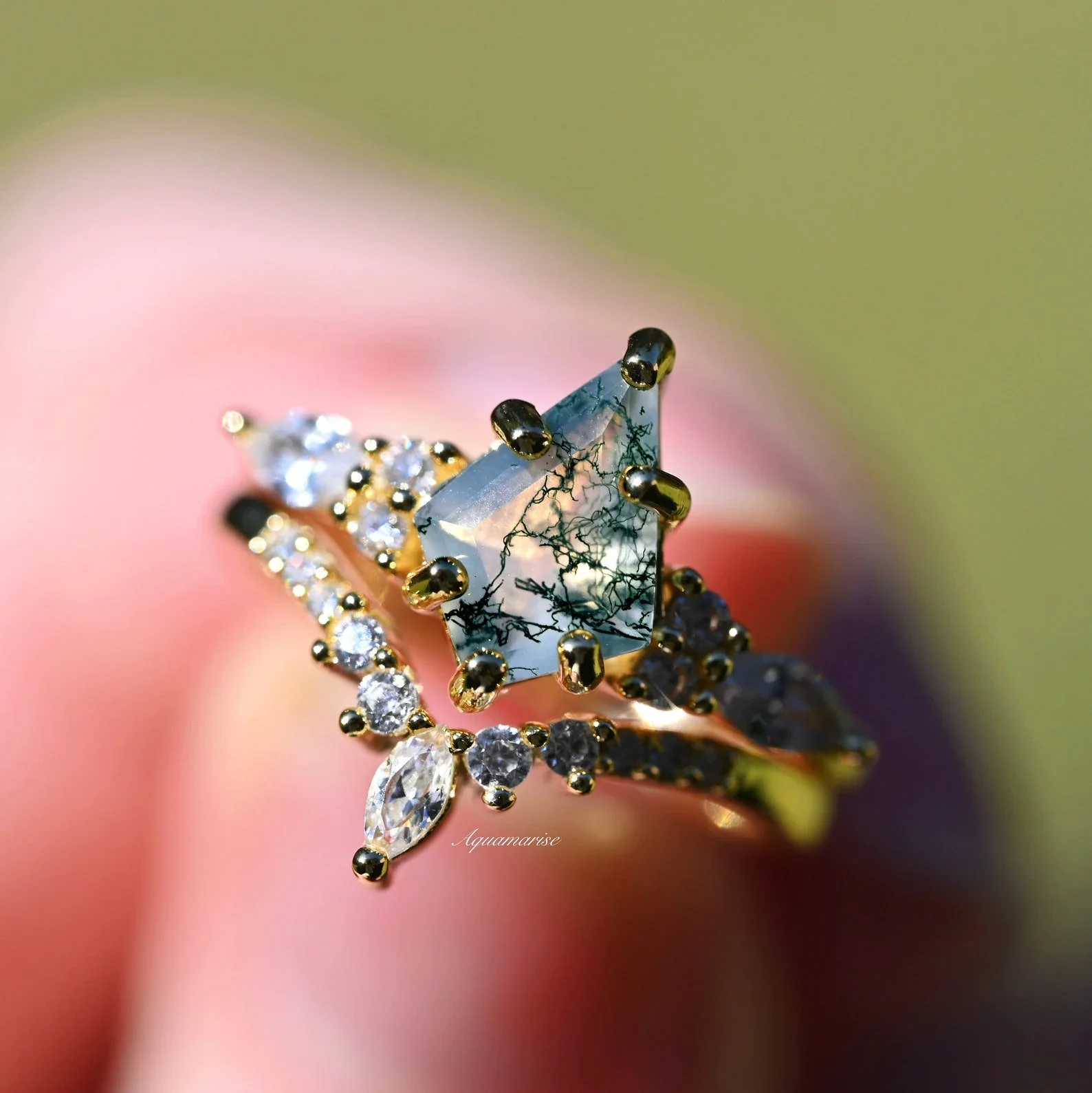 Skye Kite® Green Moss Agate & Whiskey Barrel Couples Ring Set - Image 6