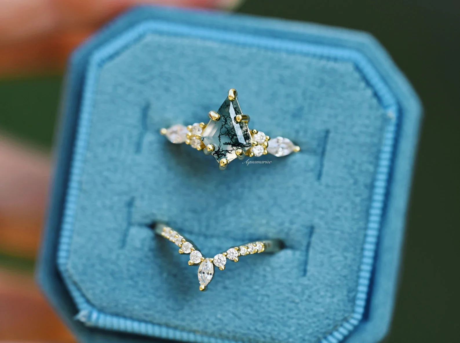 Skye Kite® Green Moss Agate & Whiskey Barrel Couples Ring Set - Image 7