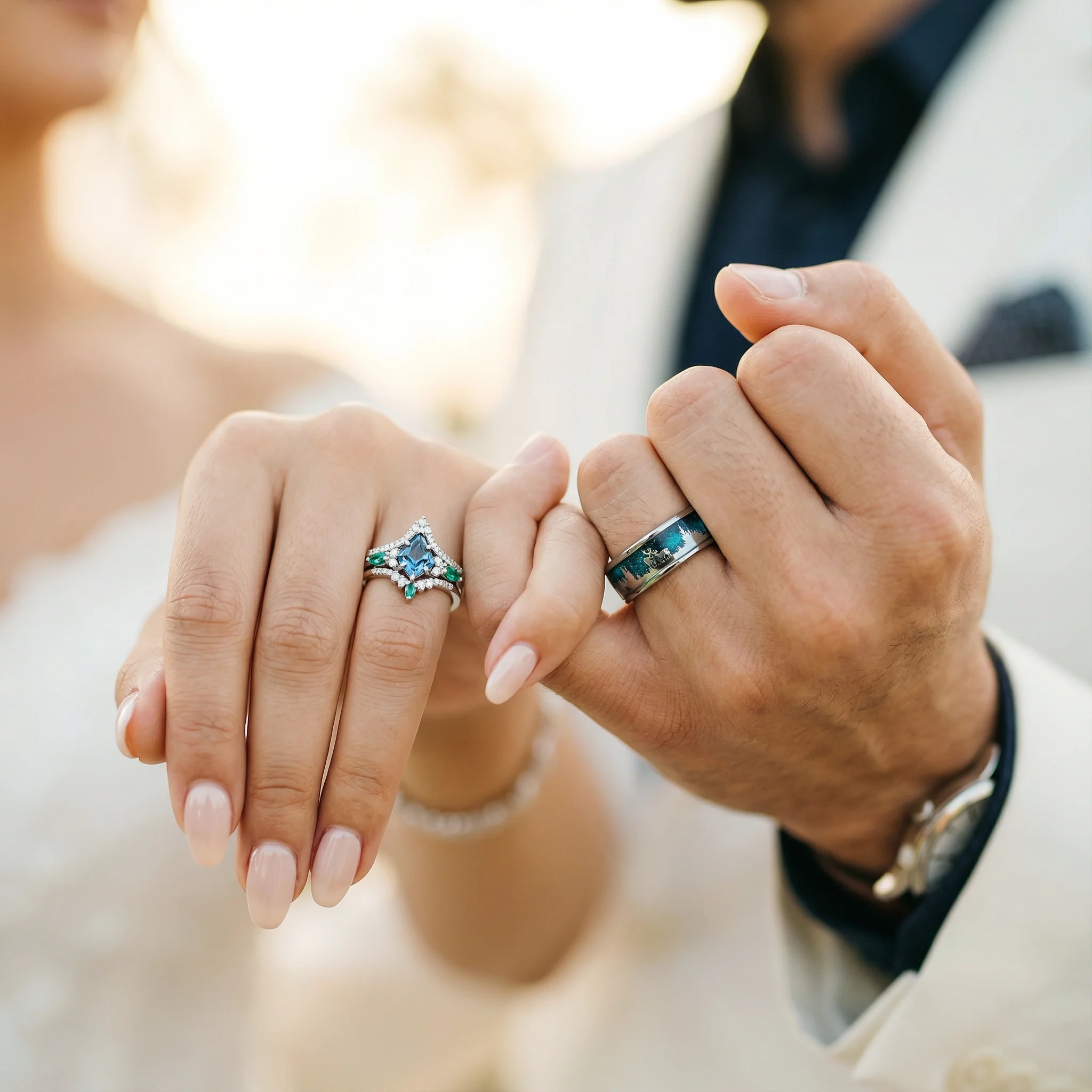 Skye Kite® London Blue Topaz & Emerald Deer Couples Ring Set - Image 2