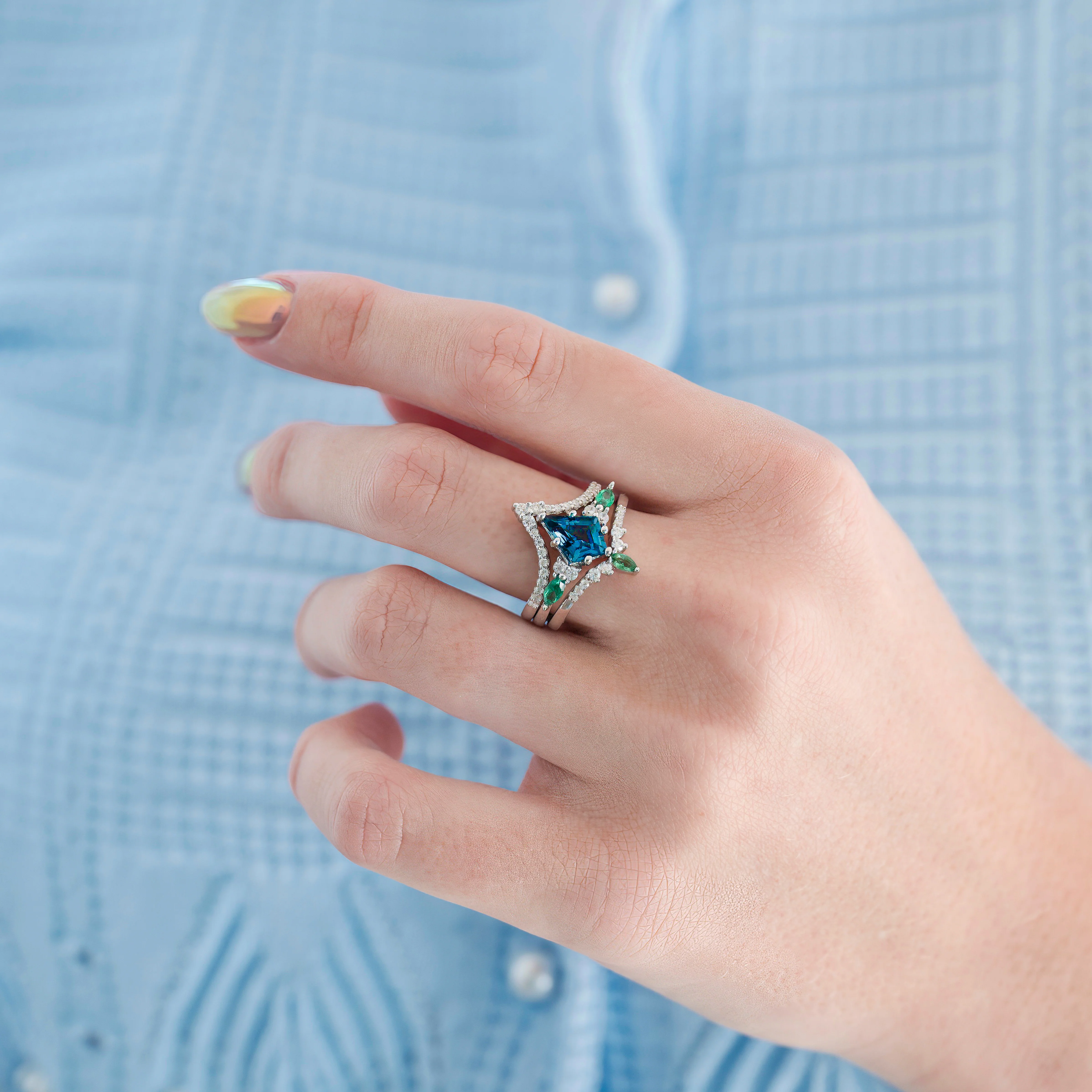 Skye Kite® London Blue Topaz & Emerald Deer Couples Ring Set - Image 5