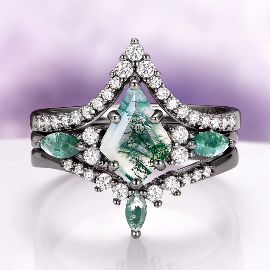 Skye Kite® Green Moss Agate Engagement Ring Set in Black Ruthenium (3-piece)