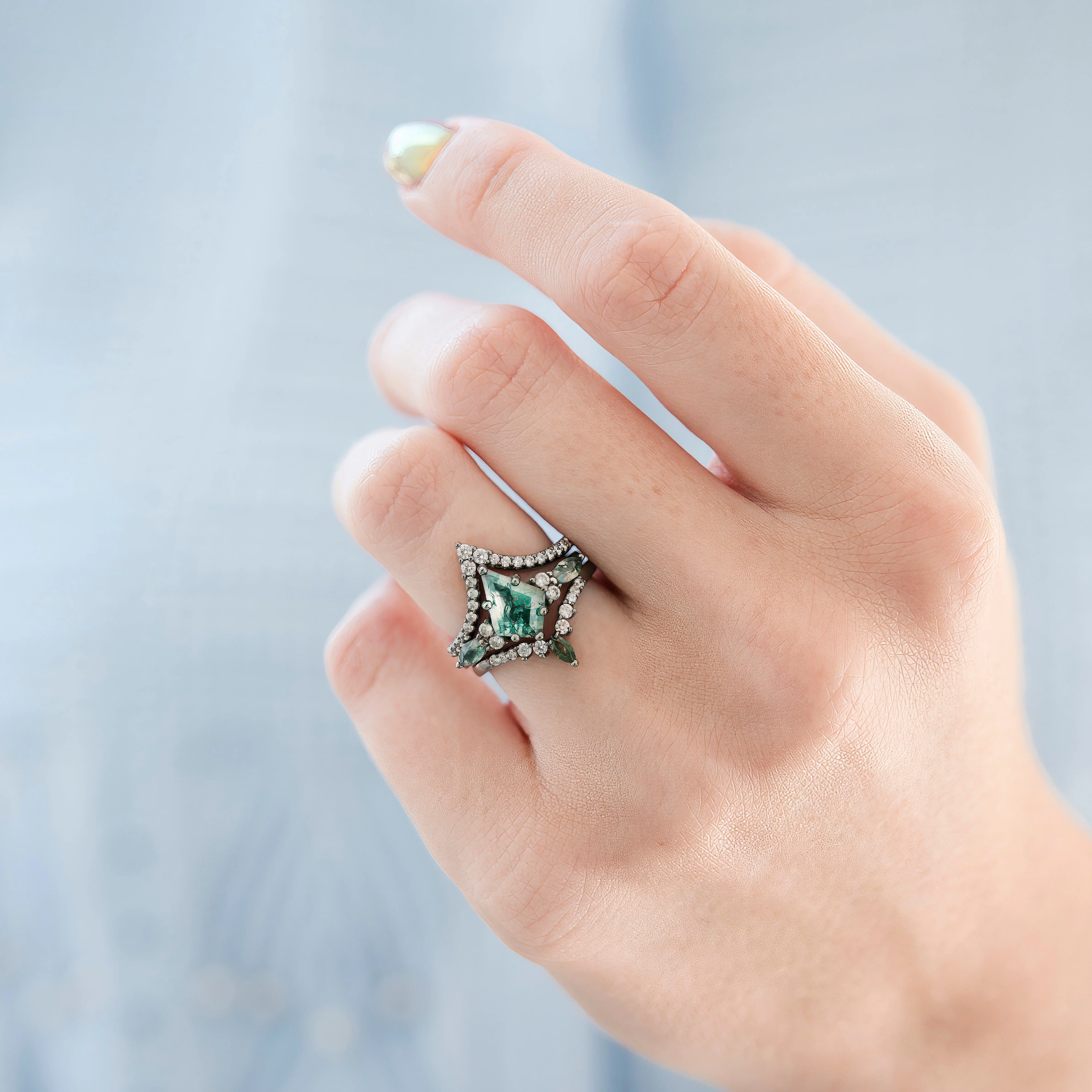 Skye Kite® Green Moss Agate Engagement Ring Set in Black Ruthenium (3-piece) - Image 2
