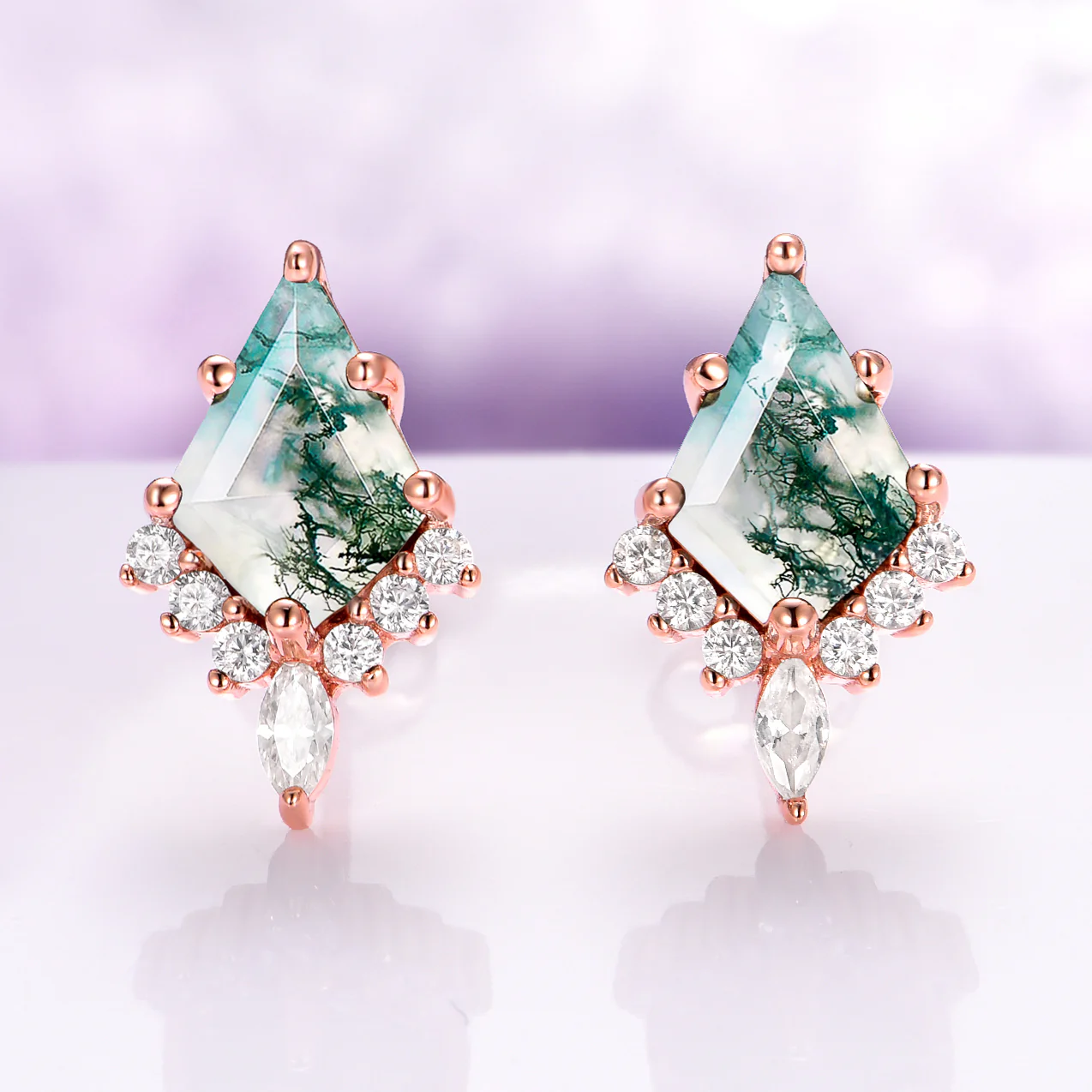 Skye Kite® Green Moss Agate Stud Earrings in 14K Rose Gold Vermeil