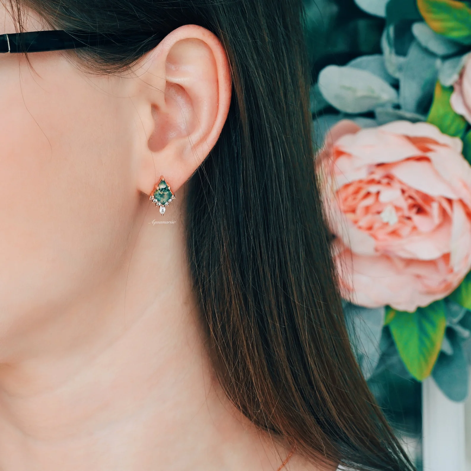 Skye Kite® Green Moss Agate Stud Earrings in 14K Rose Gold Vermeil - Image 2