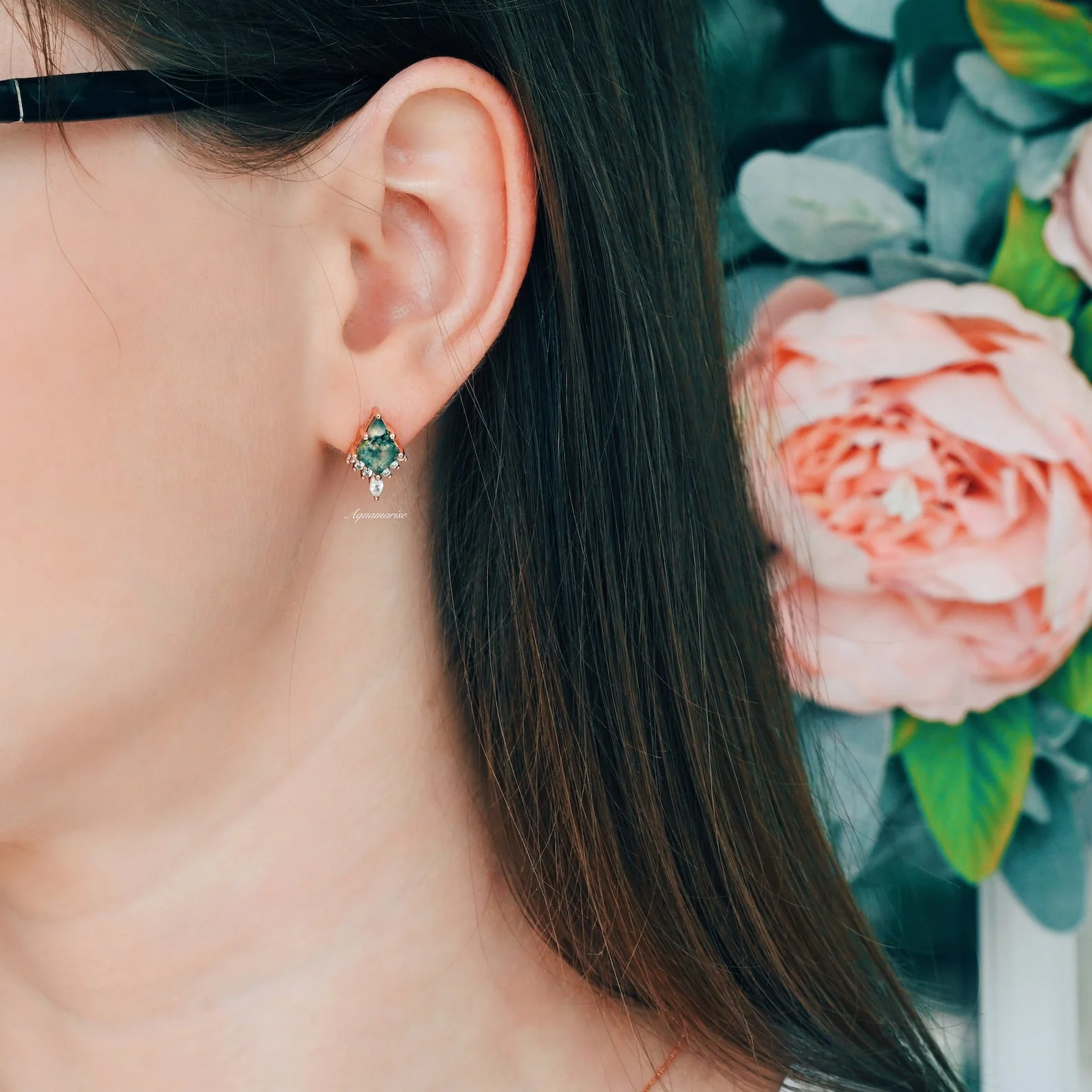 Skye Kite® Green Moss Agate Stud Earrings in 14K Yellow Gold Vermeil - Image 2