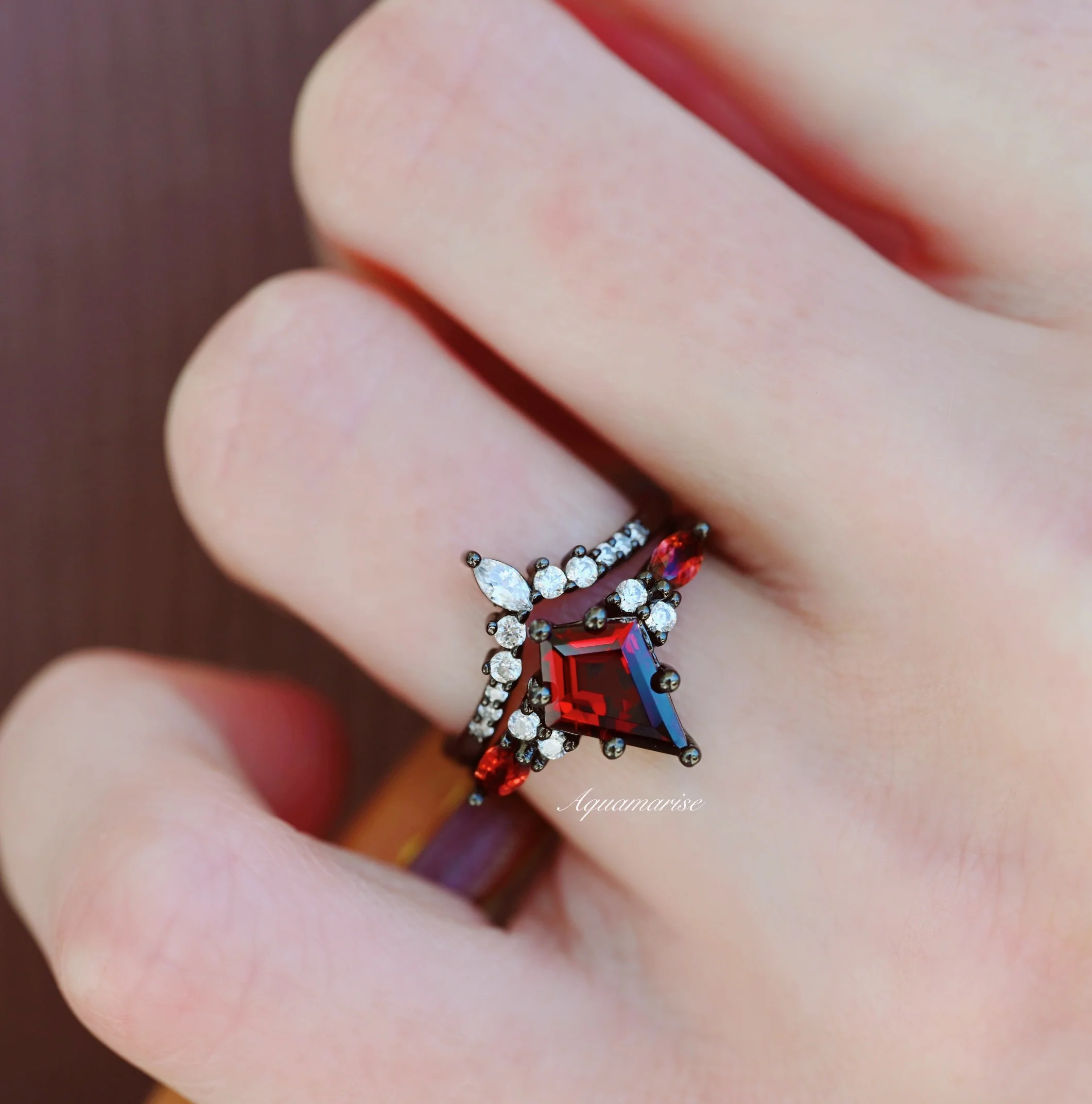 Skye KiteĀ® Natural Red Garnet Kite Engagement Ring Set in Black Rhuthenium - Image 5