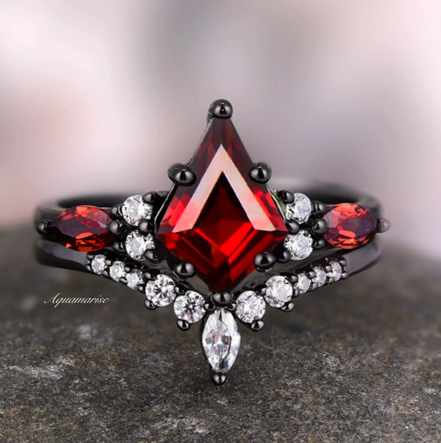 Skye KiteĀ® Natural Red Garnet Kite Engagement Ring Set in Black Rhuthenium - Image 8