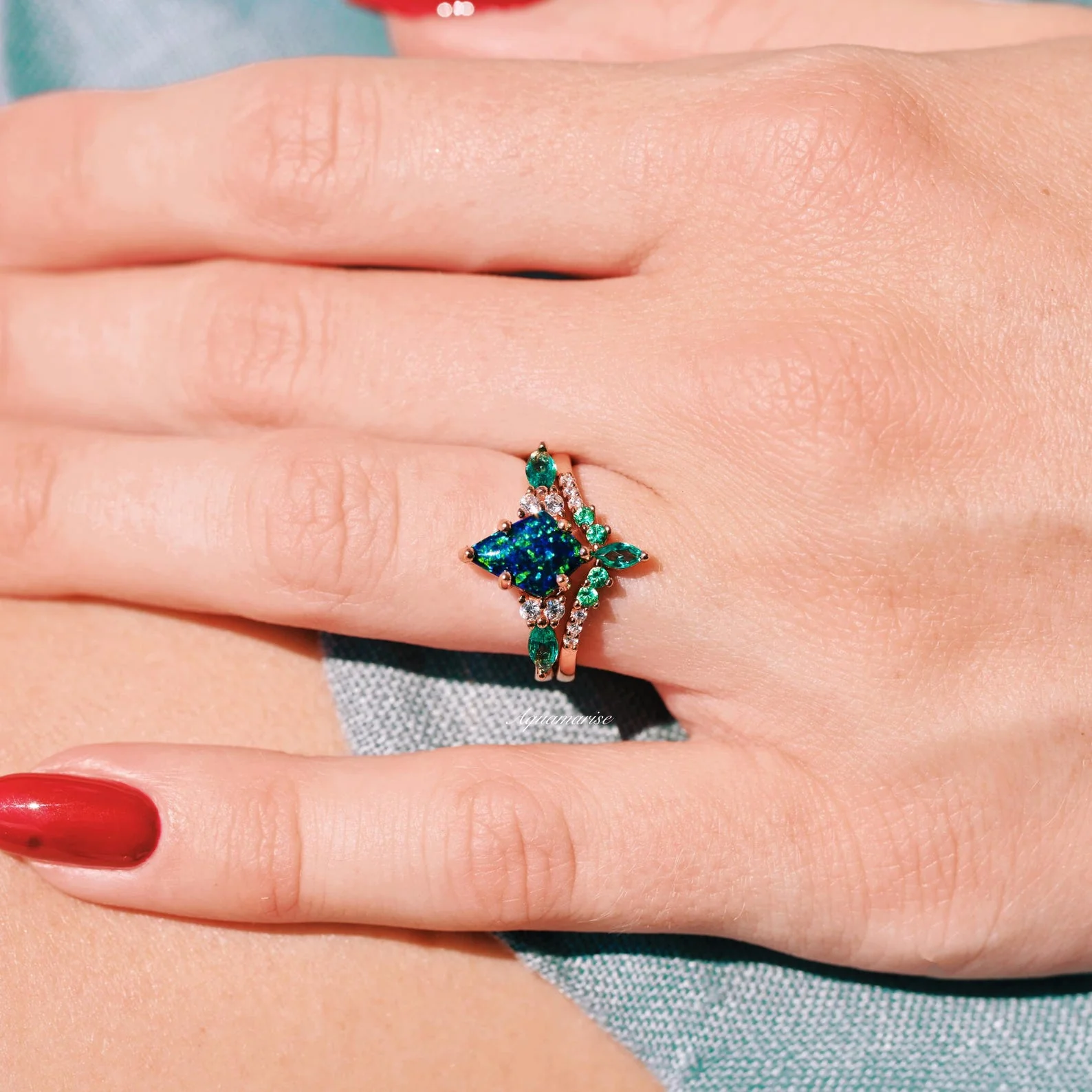 Skye Kite® Peacock Fire Opal & Emerald Engagement Ring Set in 14K Solid Rose Gold - Image 4