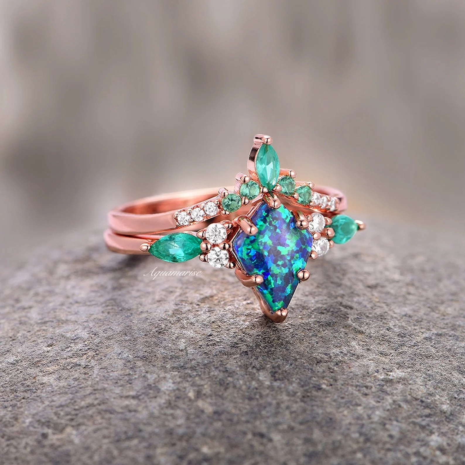 Skye KiteĀ® Peacock Fire Opal & Emerald Couples Ring Set - Image 10