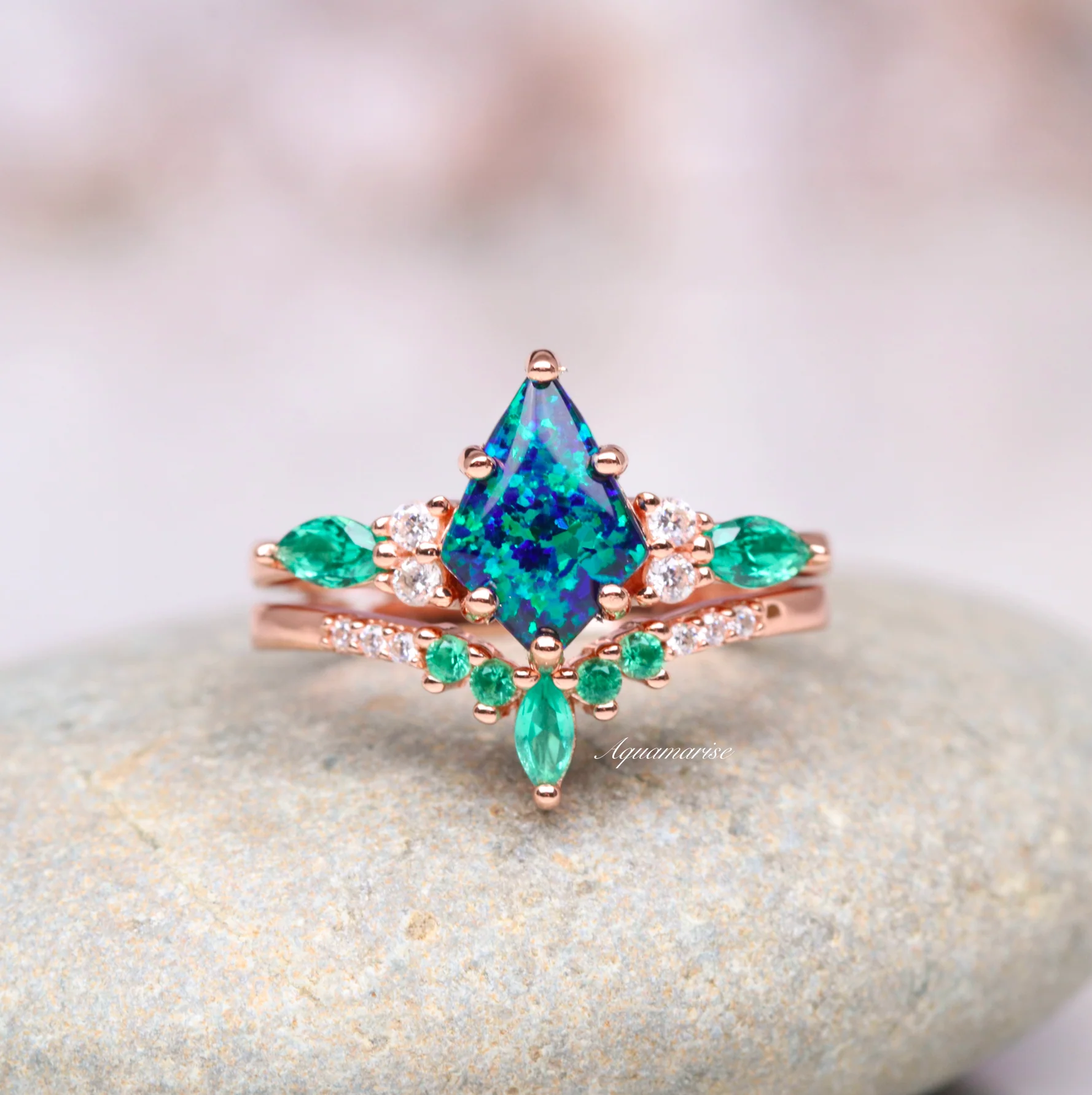 Skye KiteĀ® Peacock Fire Opal & Emerald Couples Ring Set - Image 8