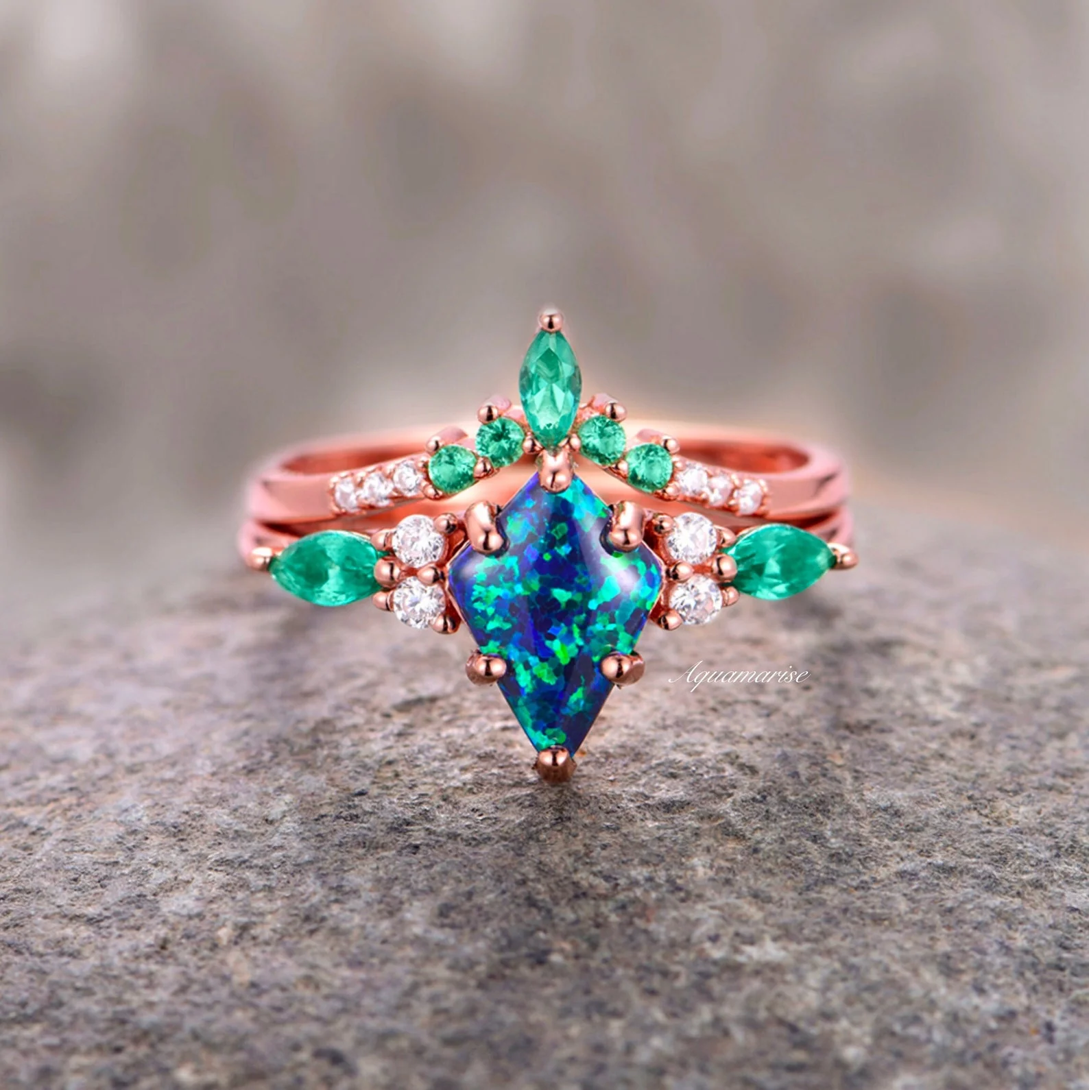 Skye KiteĀ® Peacock Fire Opal & Emerald Couples Ring Set - Image 9