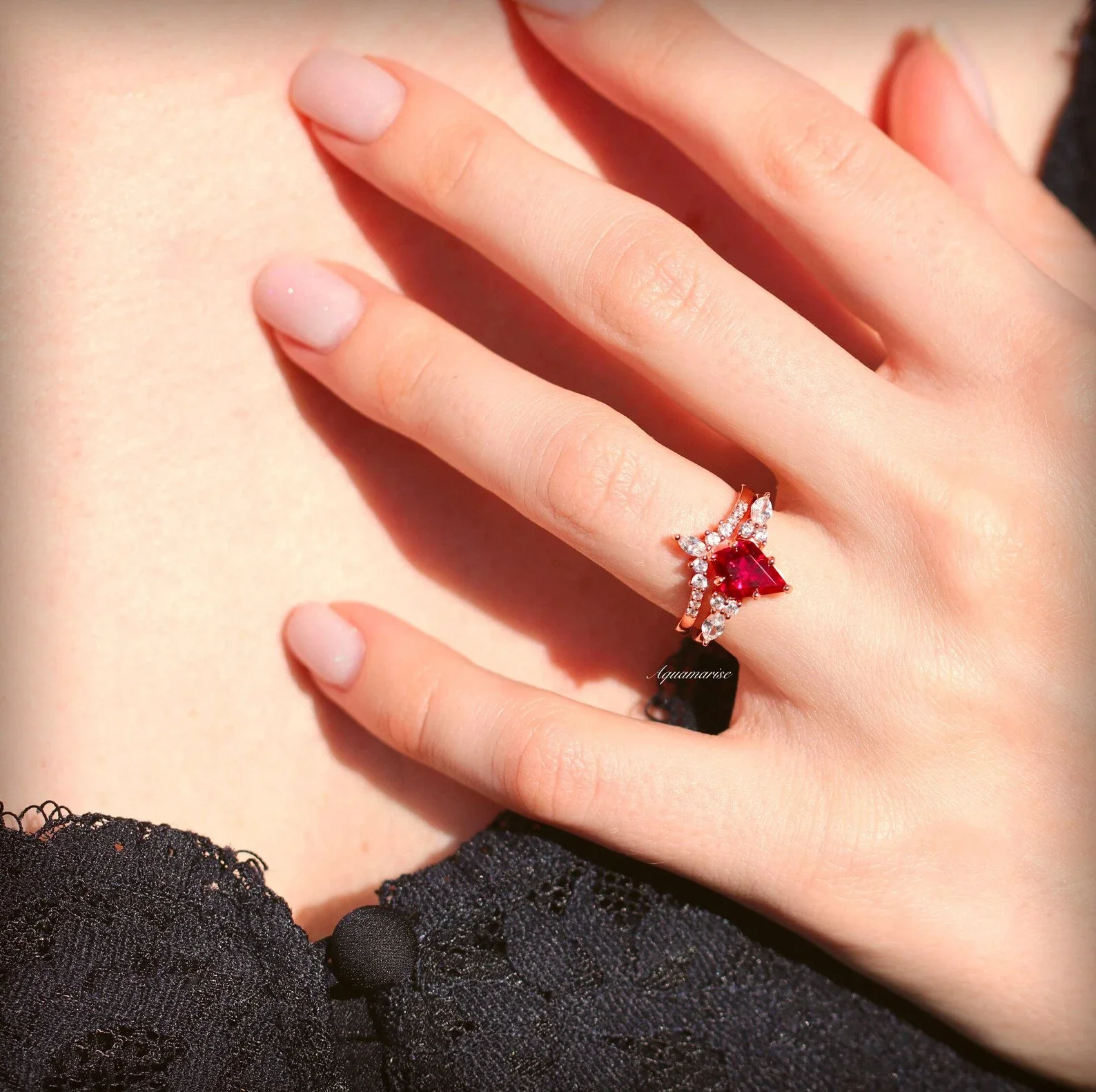 Skye KiteĀ® Ruby & Rose Gold Leaf Couples Ring Set - Image 6