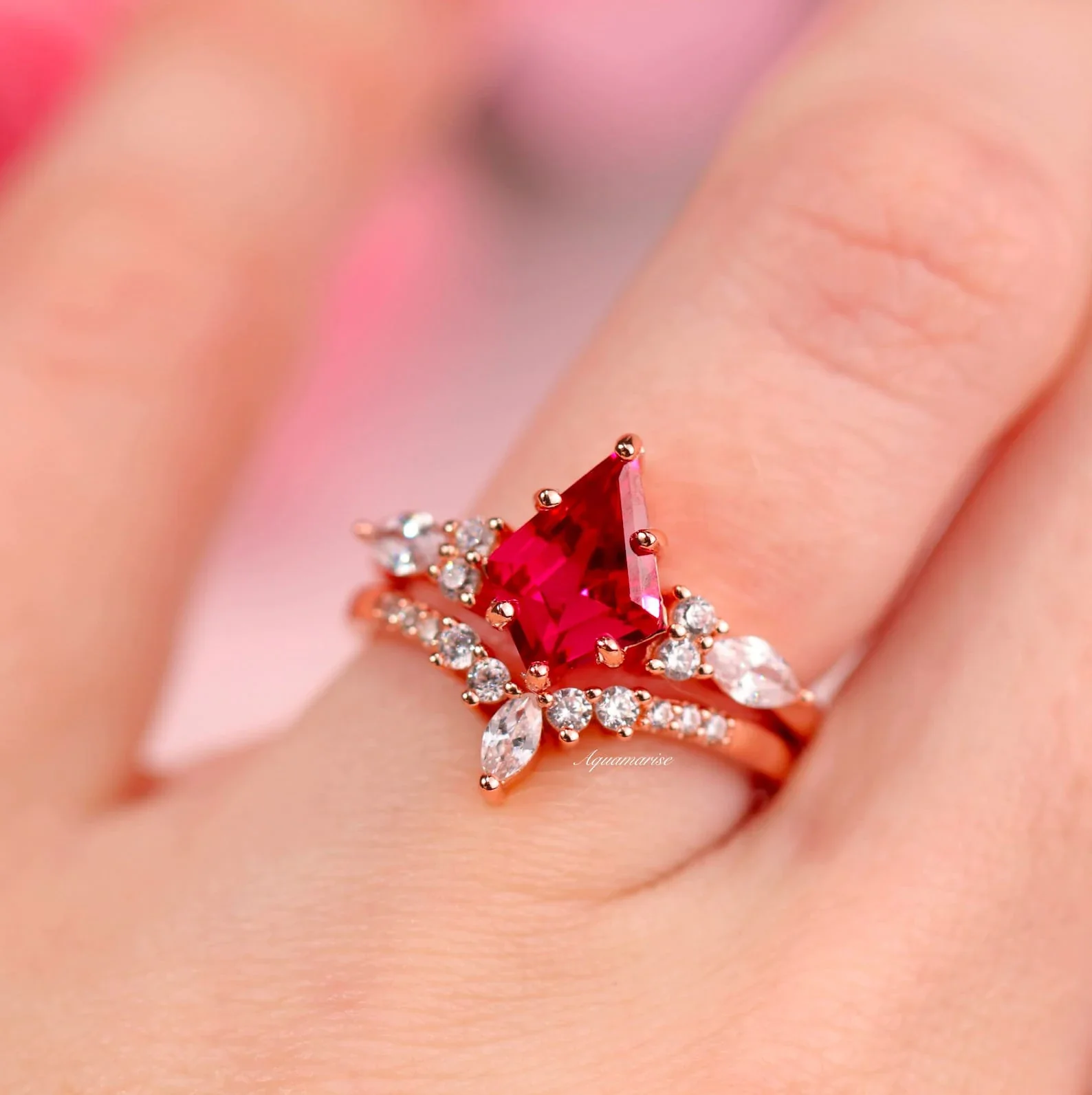 Skye KiteĀ® Ruby & Rose Gold Leaf Couples Ring Set - Image 7