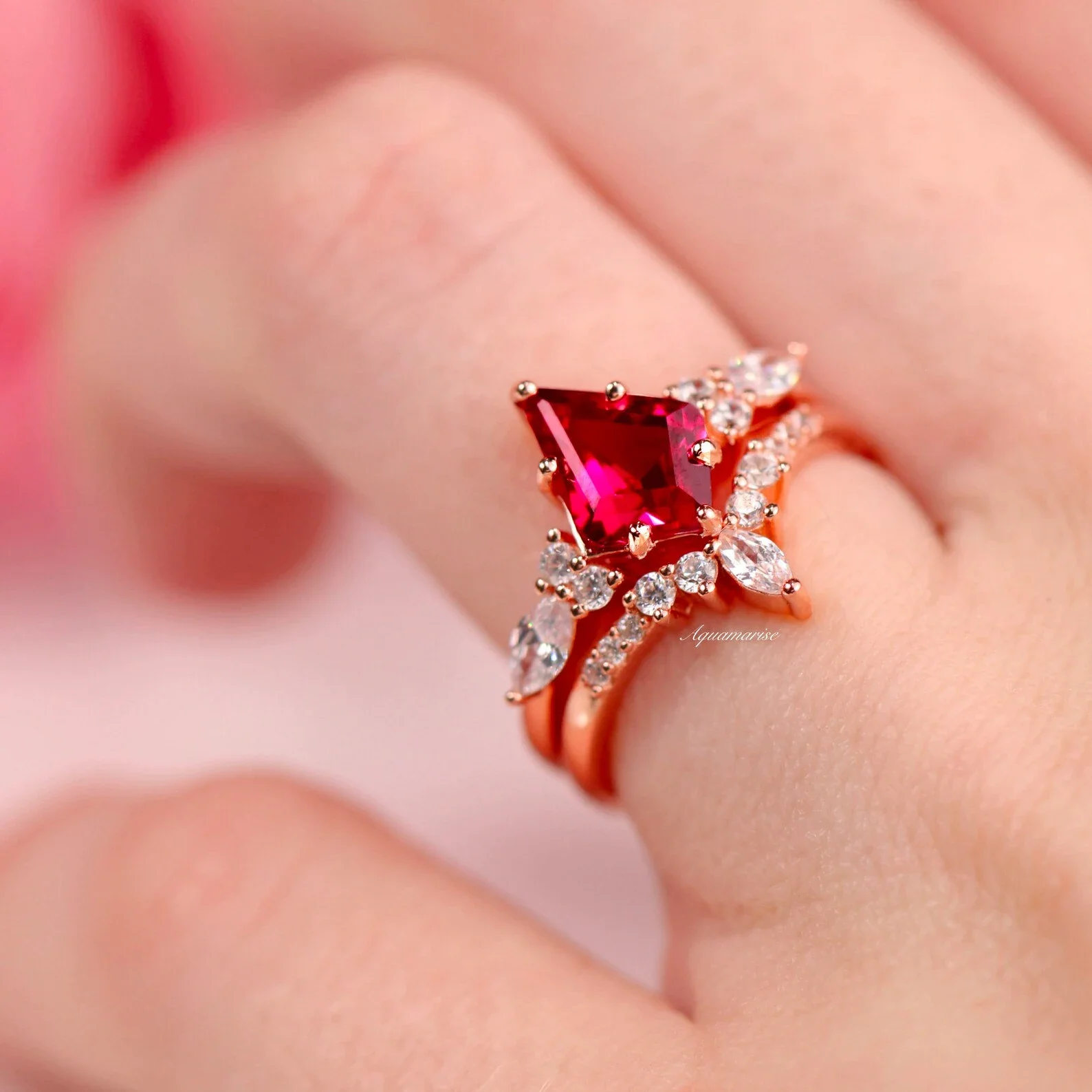 Skye KiteĀ® Ruby & Rose Gold Leaf Couples Ring Set - Image 8