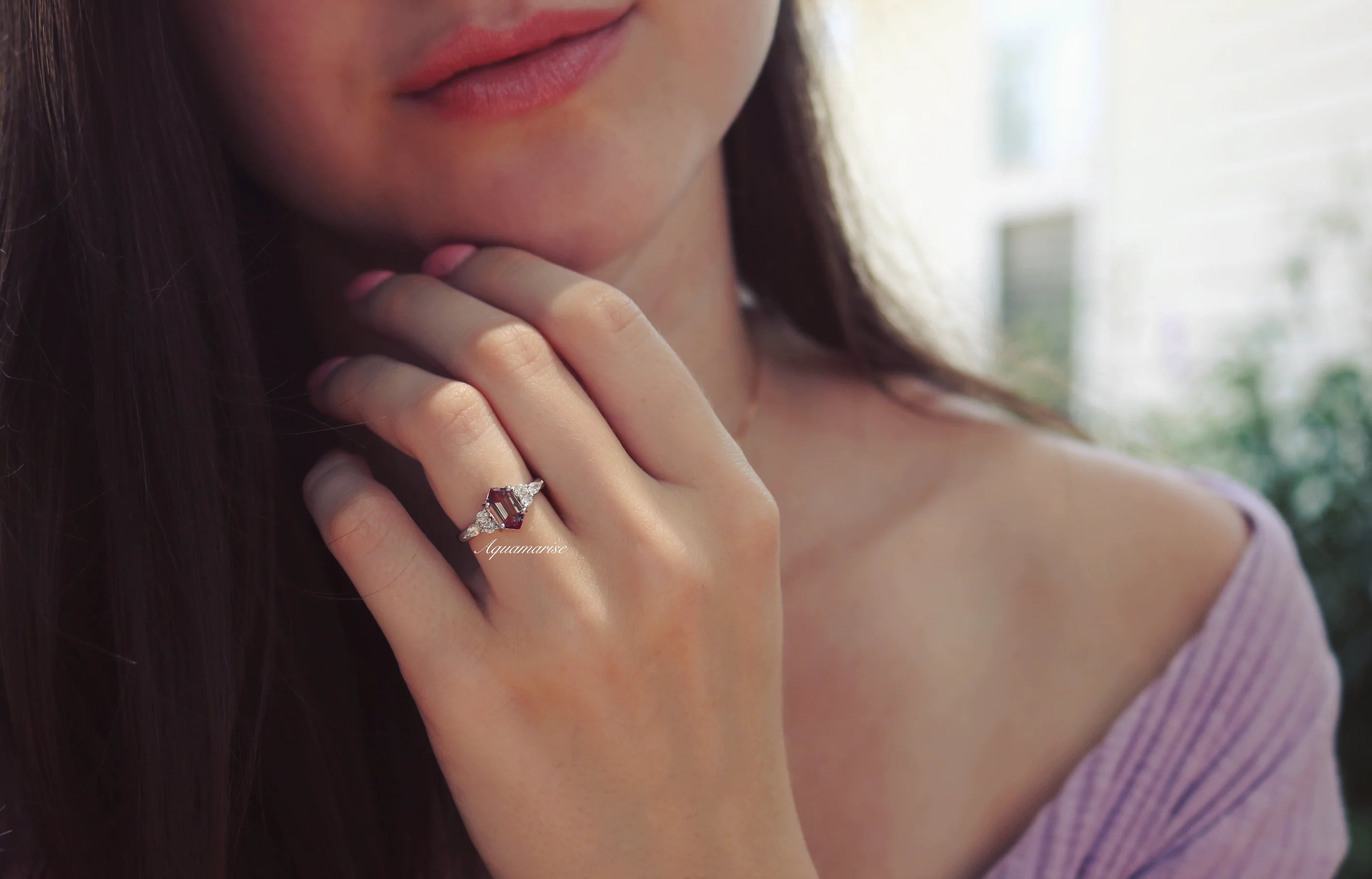 Sonnet Hexagon Cut Alexandrite Engagement Ring in 14K White Gold - Image 2