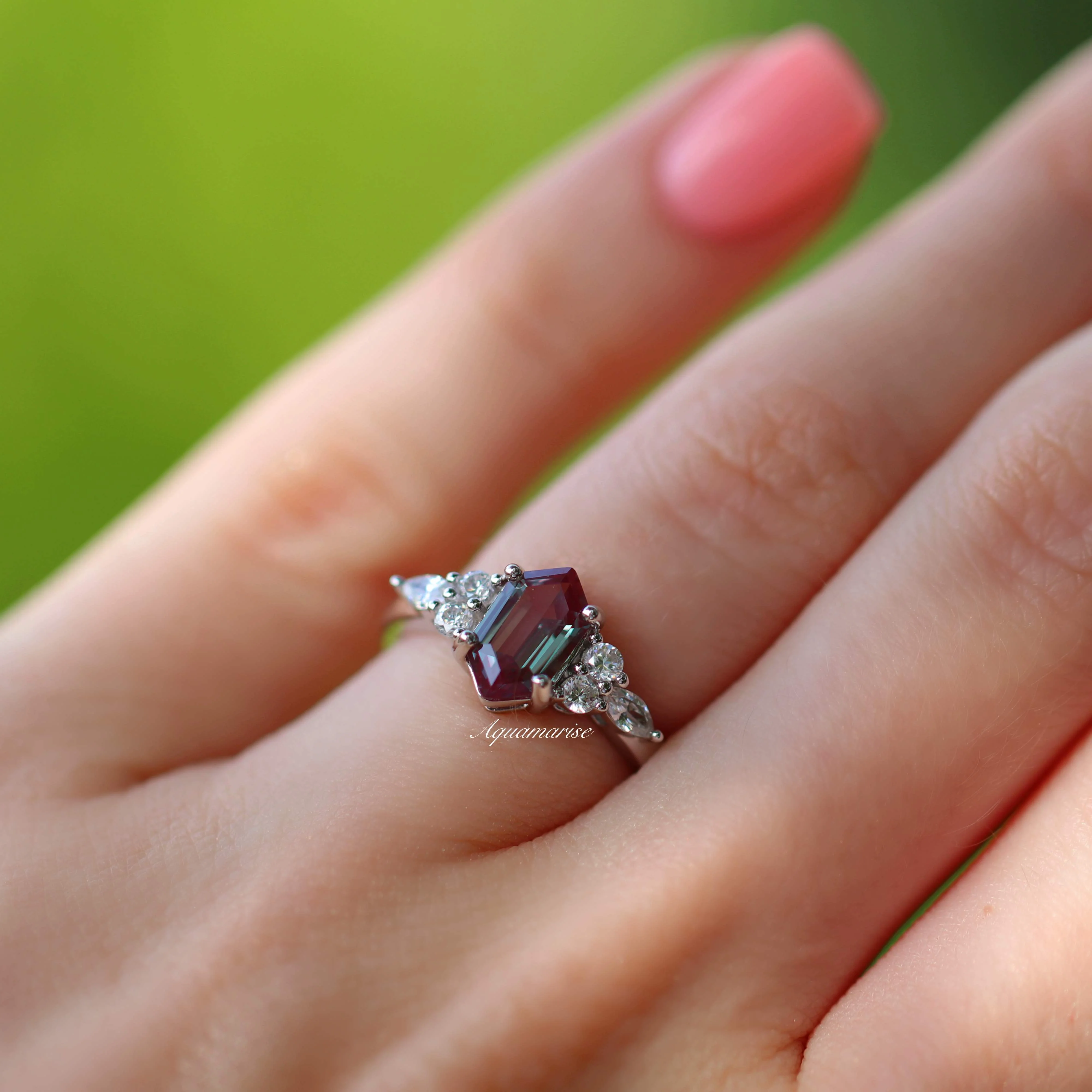 Sonnet Hexagon Cut Alexandrite Engagement Ring in 14K White Gold - Image 3
