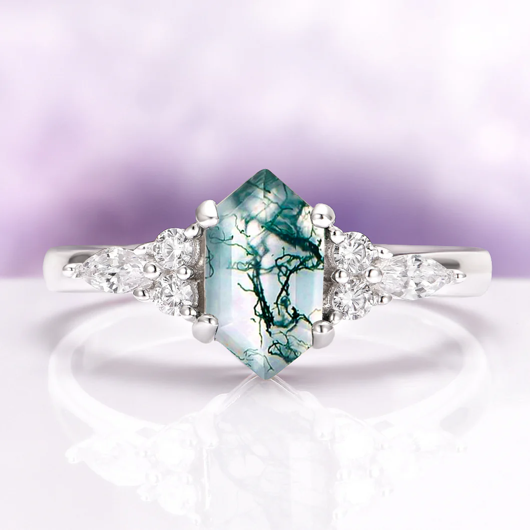 Sonnet Hexagon Green Moss Agate Ring in Sterling Silver