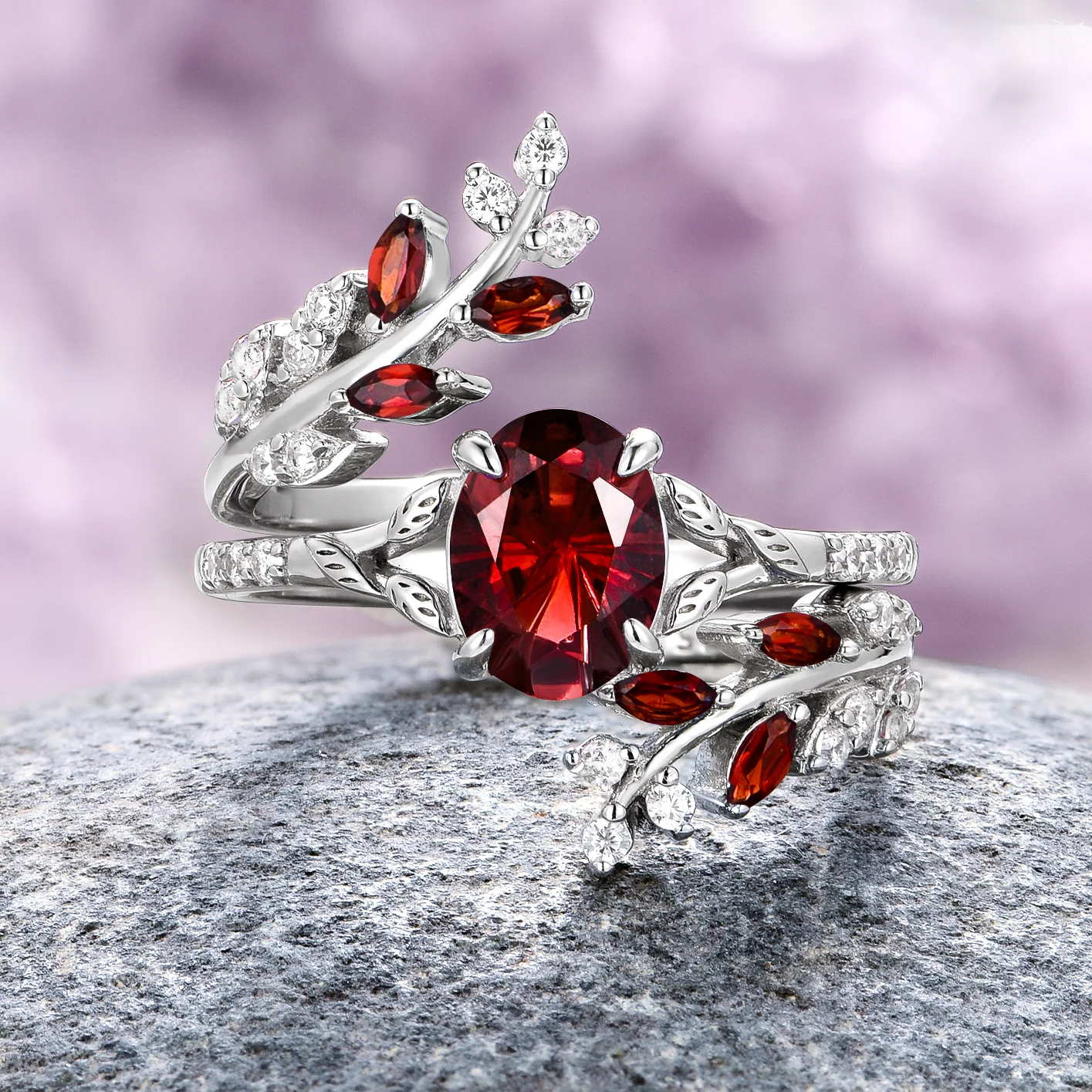 Unique Fireworks Cut Garnet & Whiskey Barrel Couples Ring Set - Image 13