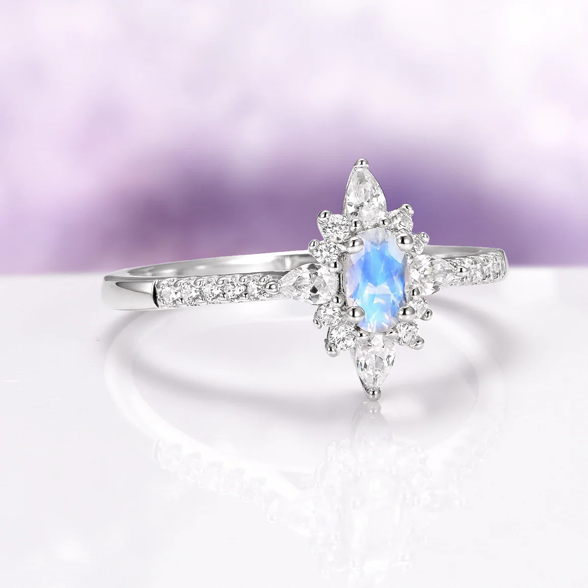 Starburst Natural Moonstone Engagement Ring in 14K White Gold - Image 4