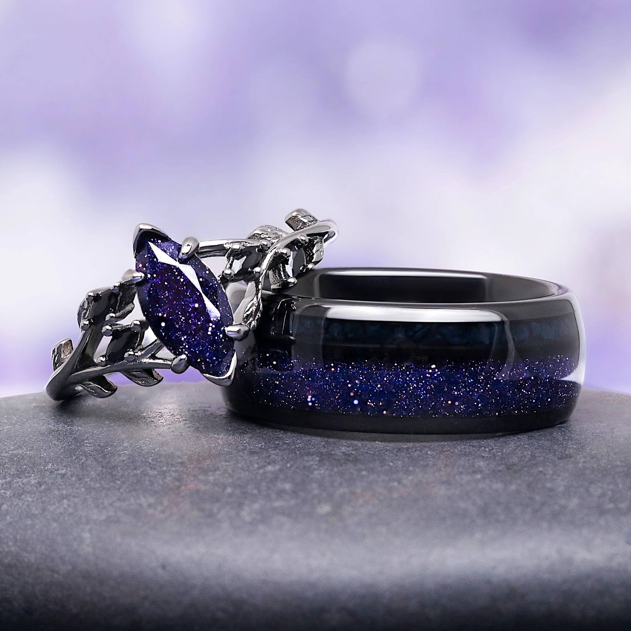 Rowan Starry Night & Black Onyx Dark Fairy Ring in Black Ruthenium - Image 2