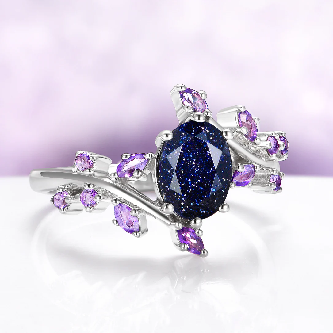 Starry Night™ & Amethyst Galaxy Leaf Ring in Sterling Silver - Image 2