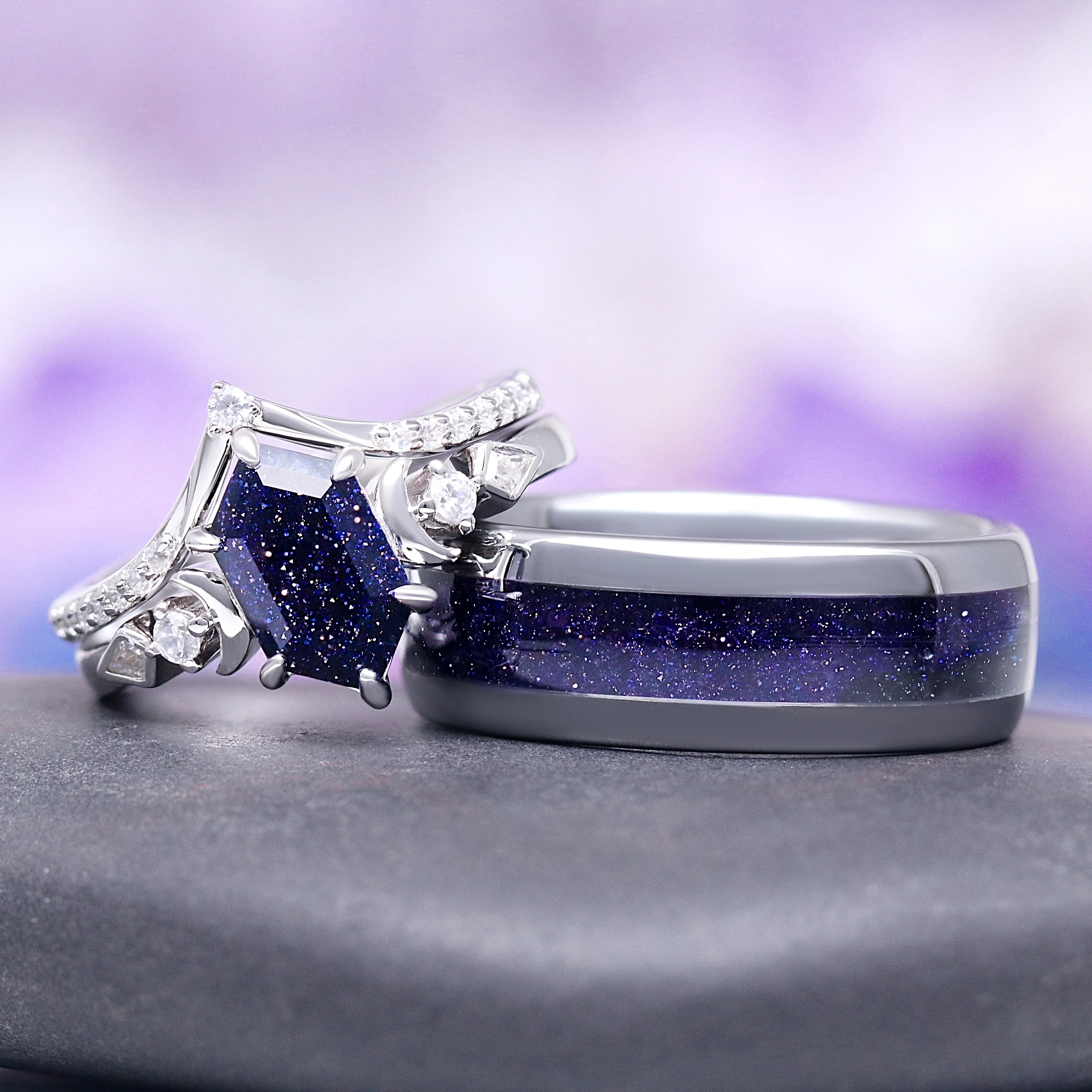 Elara Starry Night and Crescent Moon Couples Ring Set