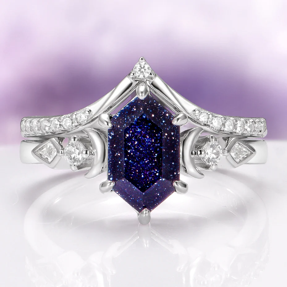 Elara Starry Night and Crescent Moon Couples Ring Set - Image 3