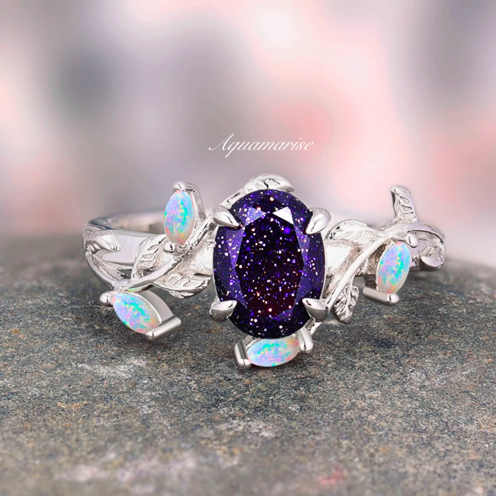 Starry Night & Opal Leaf Ring in Sterling Silver - Image 6