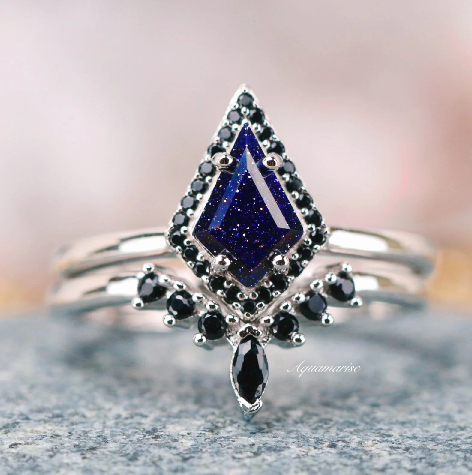 Starry Night & Black Onyx Engagement Ring Set in 14K White Gold