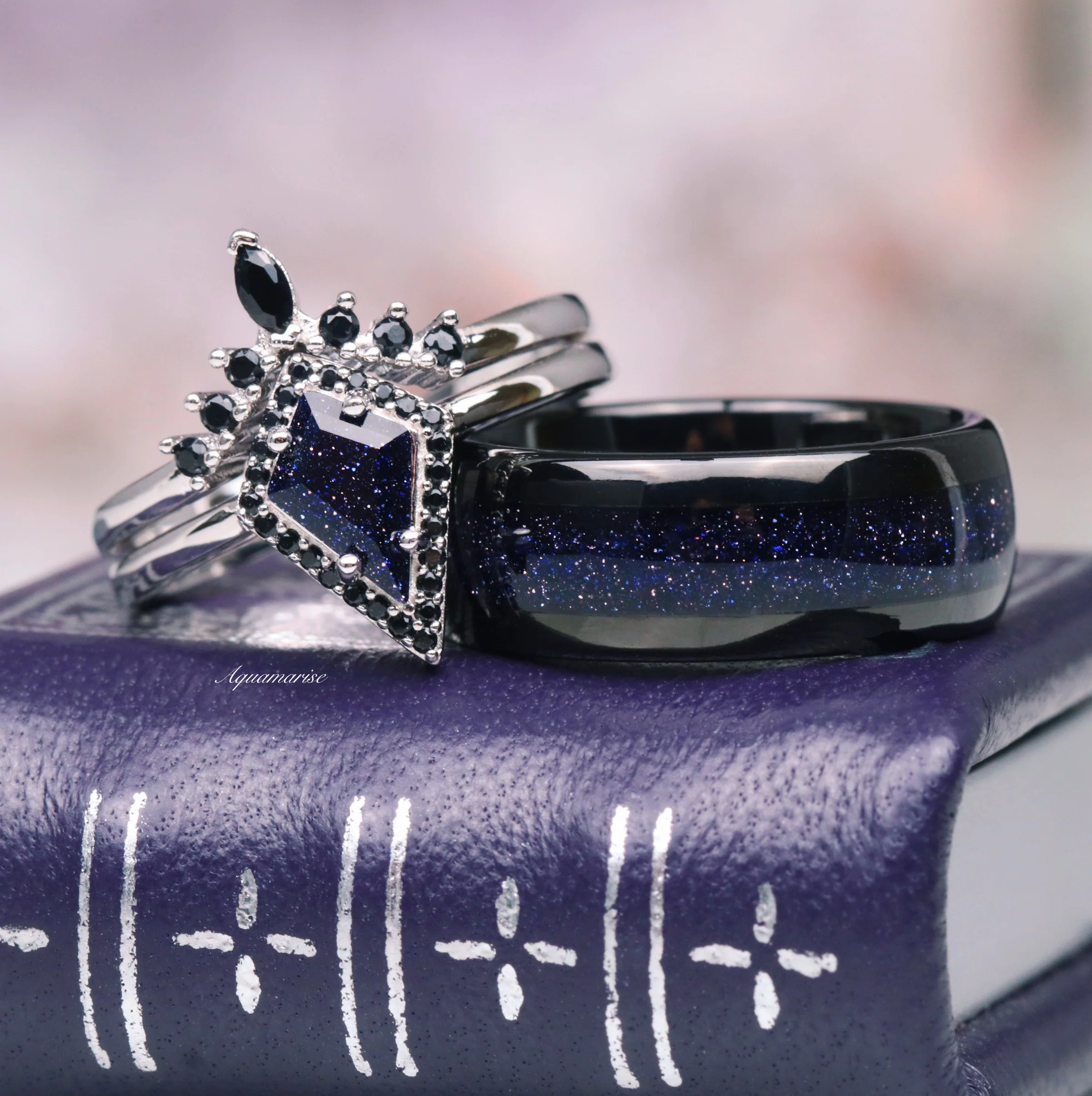 Starry Night & Black Onyx Engagement Ring Set in 14K White Gold - Image 3