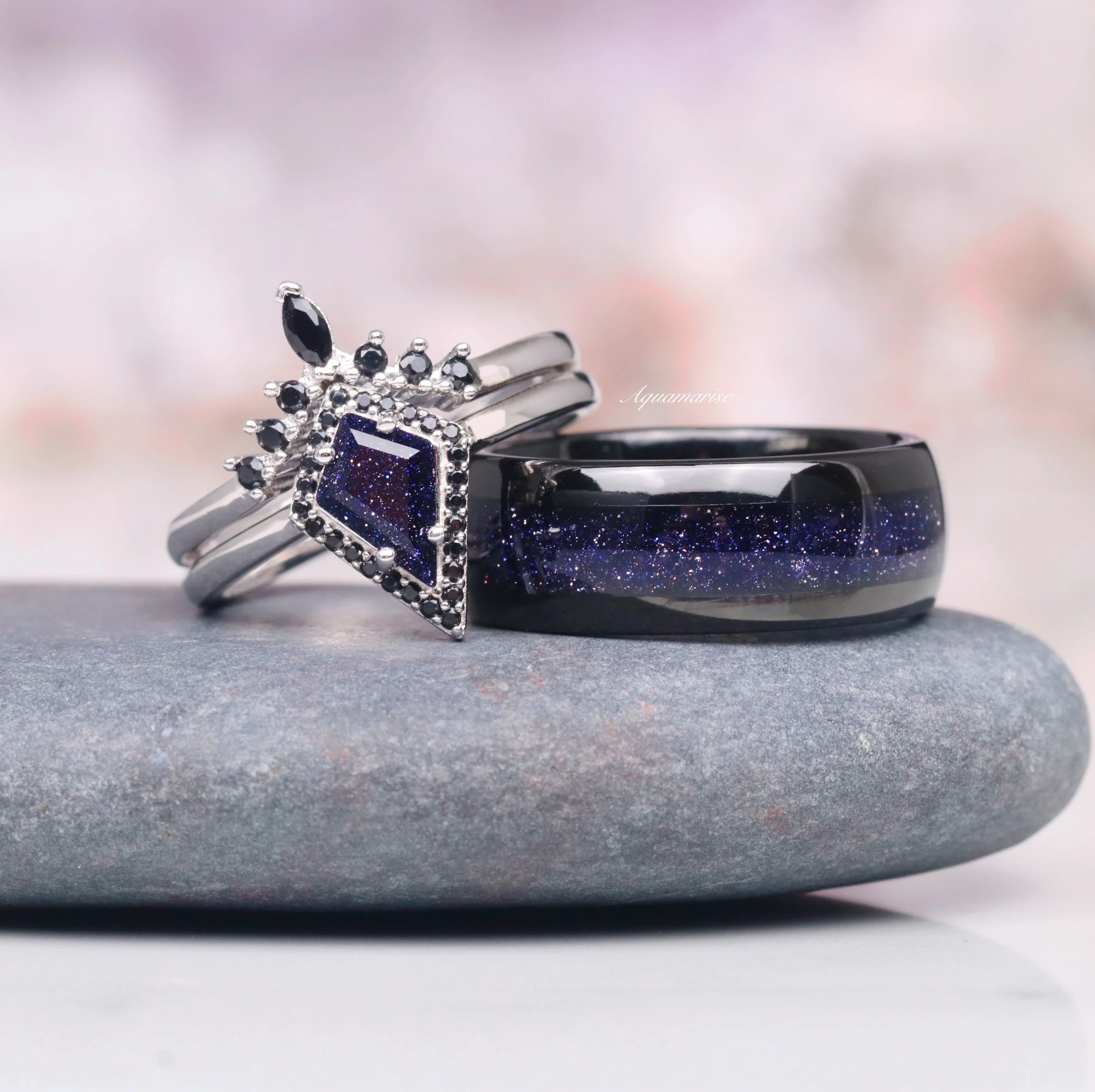 Starry Night & Black Onyx Engagement Ring Set in 14K White Gold - Image 6