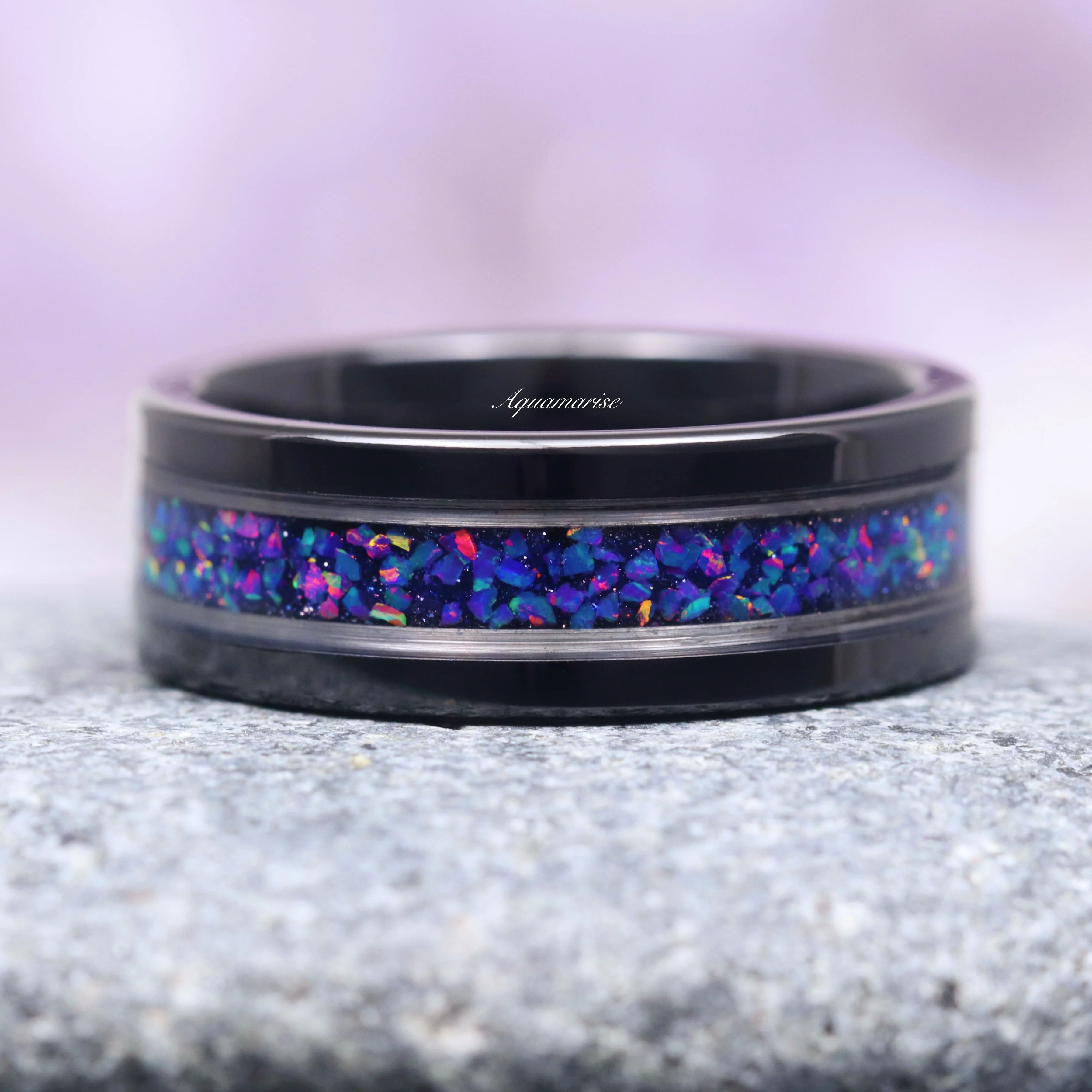 Starry Night & Blue Fire Opal Wedding Band- 8MM Black Tungsten