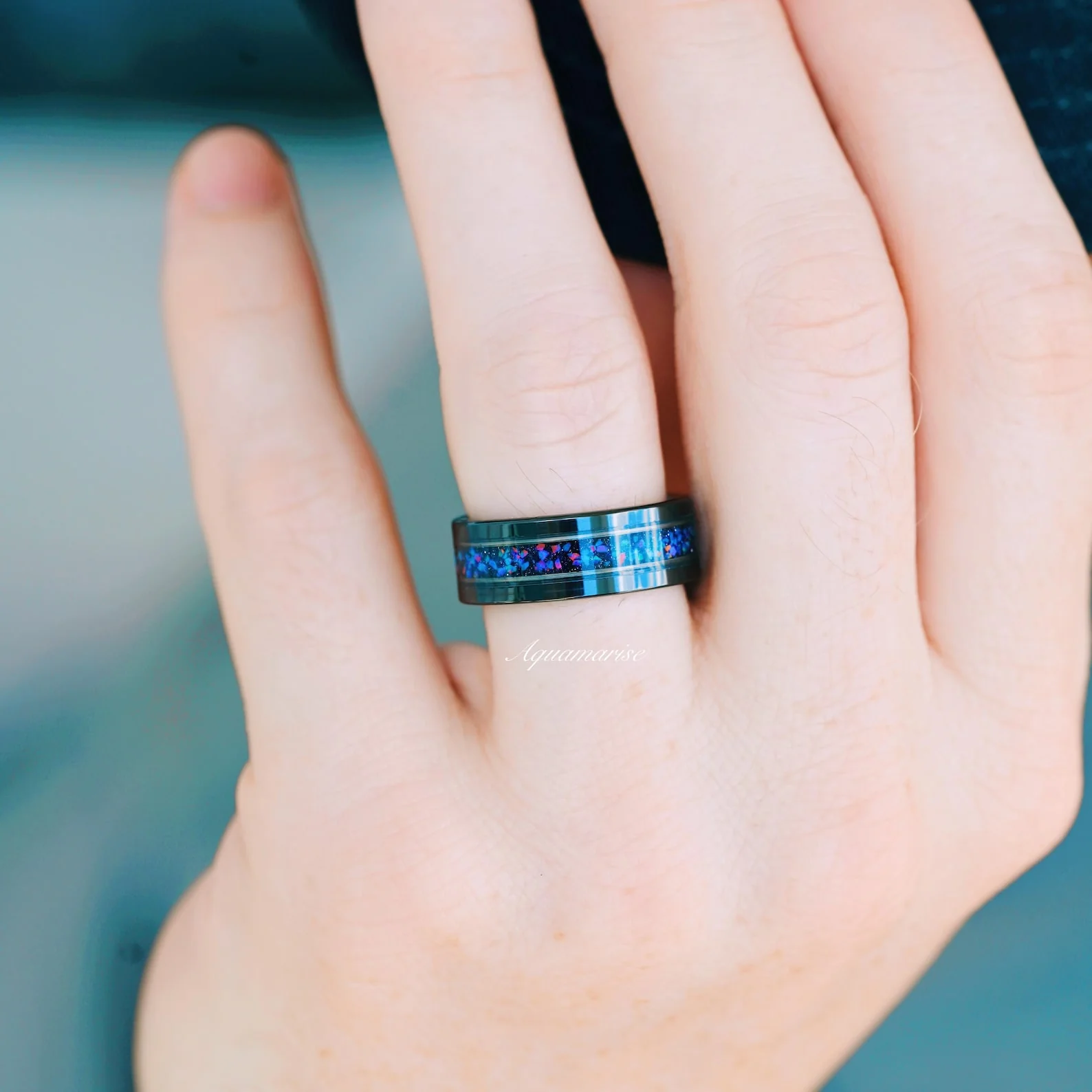 Starry Night & Blue Fire Opal Wedding Band- 8MM Black Tungsten - Image 3