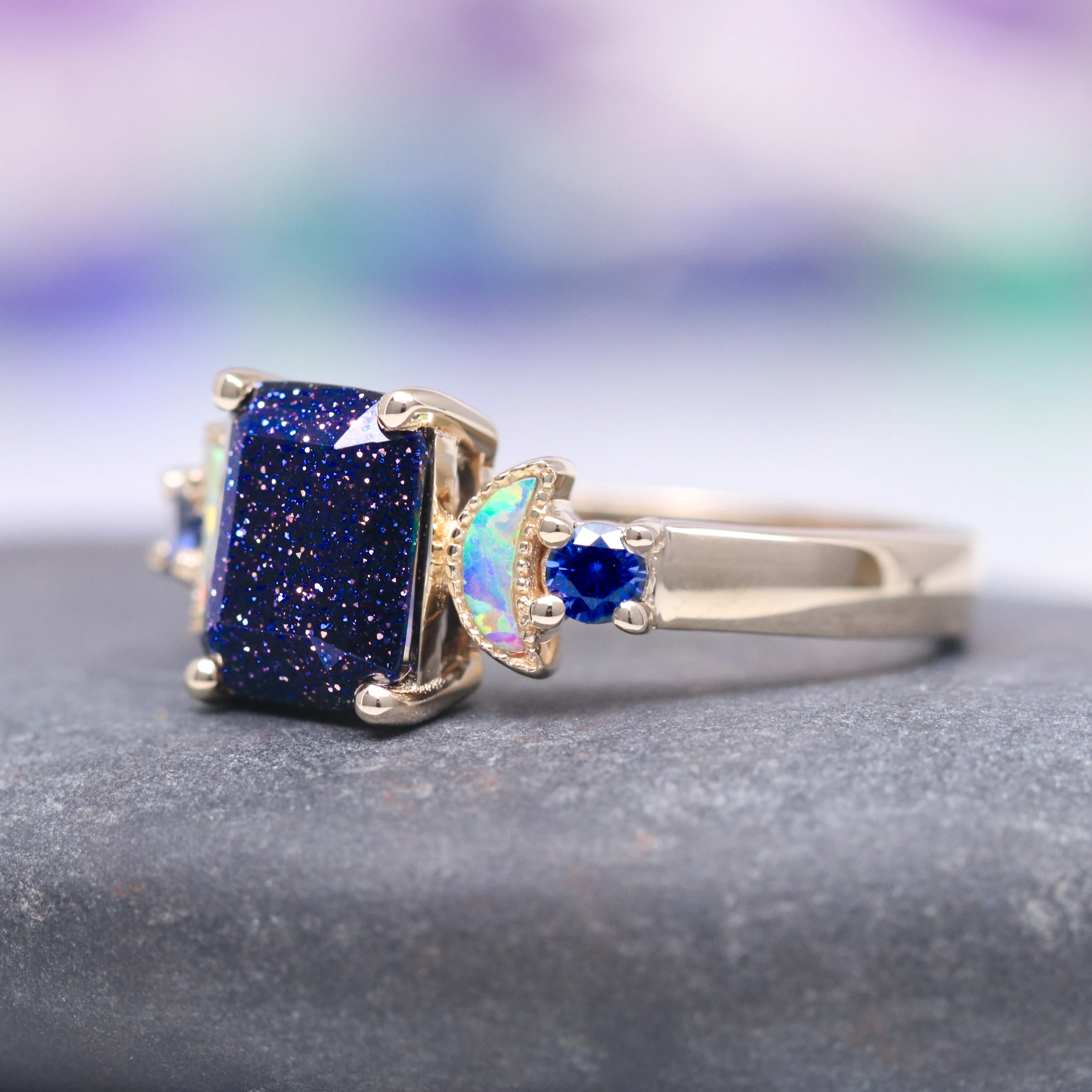 Starry Night and Crescent Moon Fire Opal Ring- 14K Solid Yellow Gold - Image 2