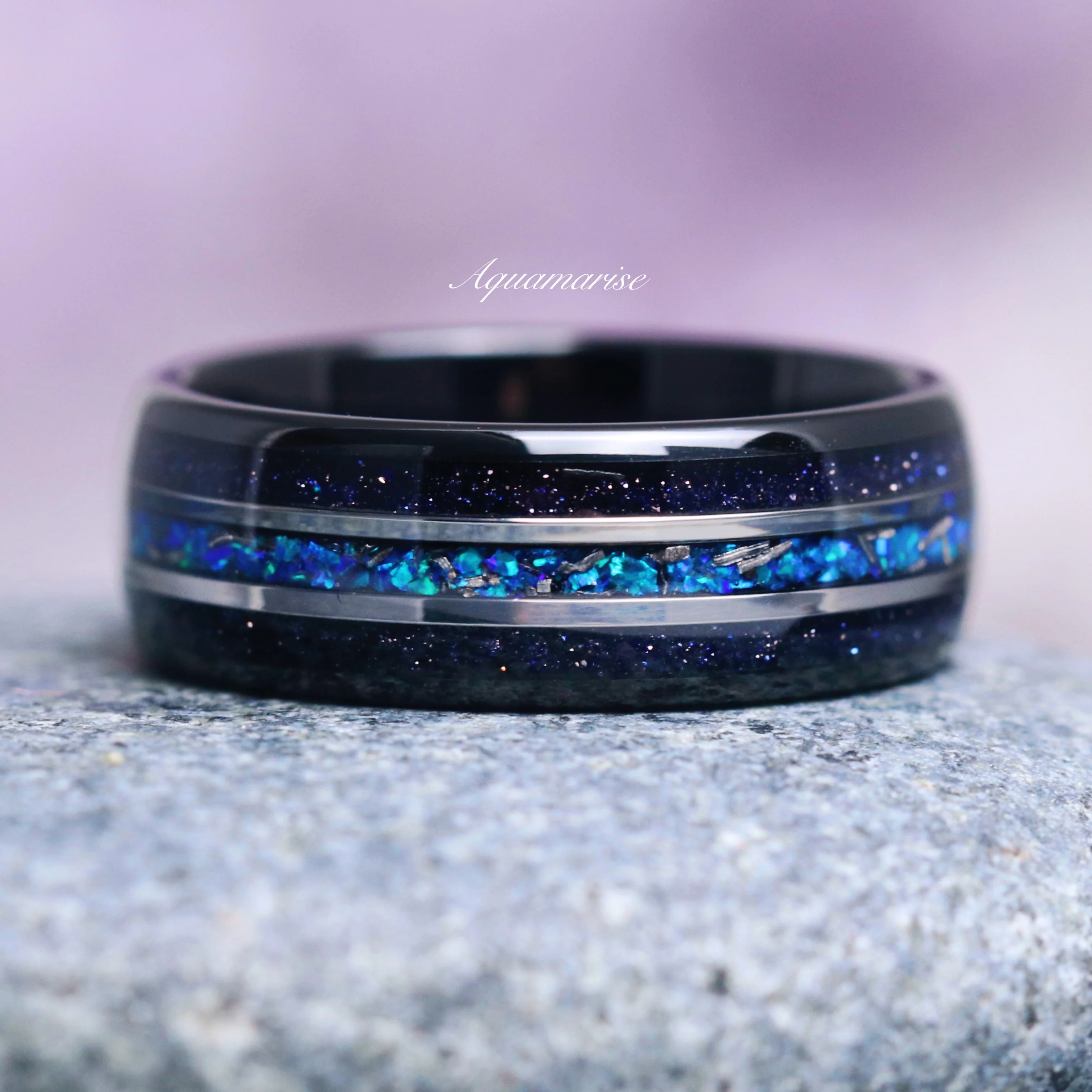 Starry Night, Meteorite & Blue Fire Opal Couples Ring Set - Image 4
