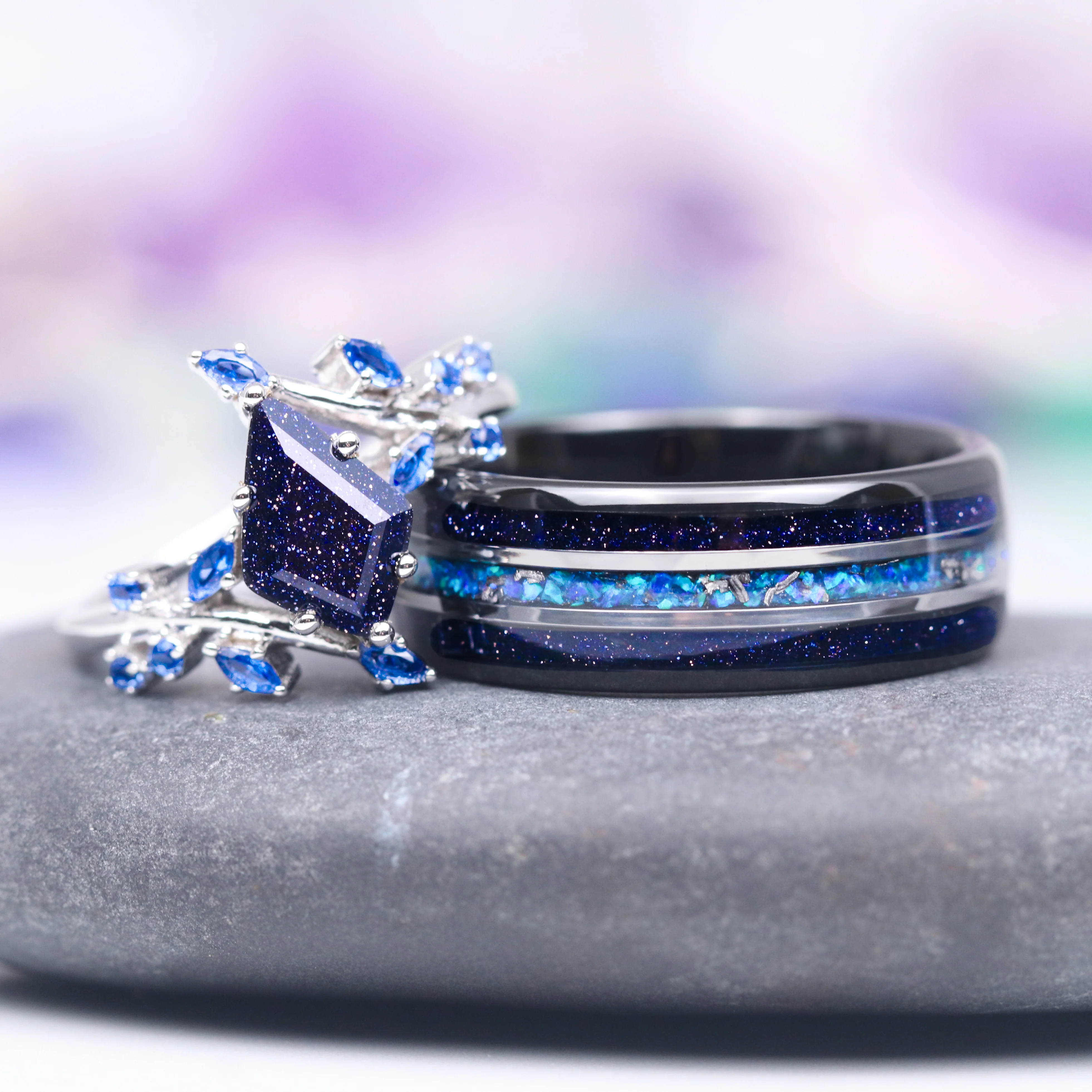 Starry Night, Meteorite, Blue Fire Opal Wedding Band- 8MM Black Tungsten - Image 4