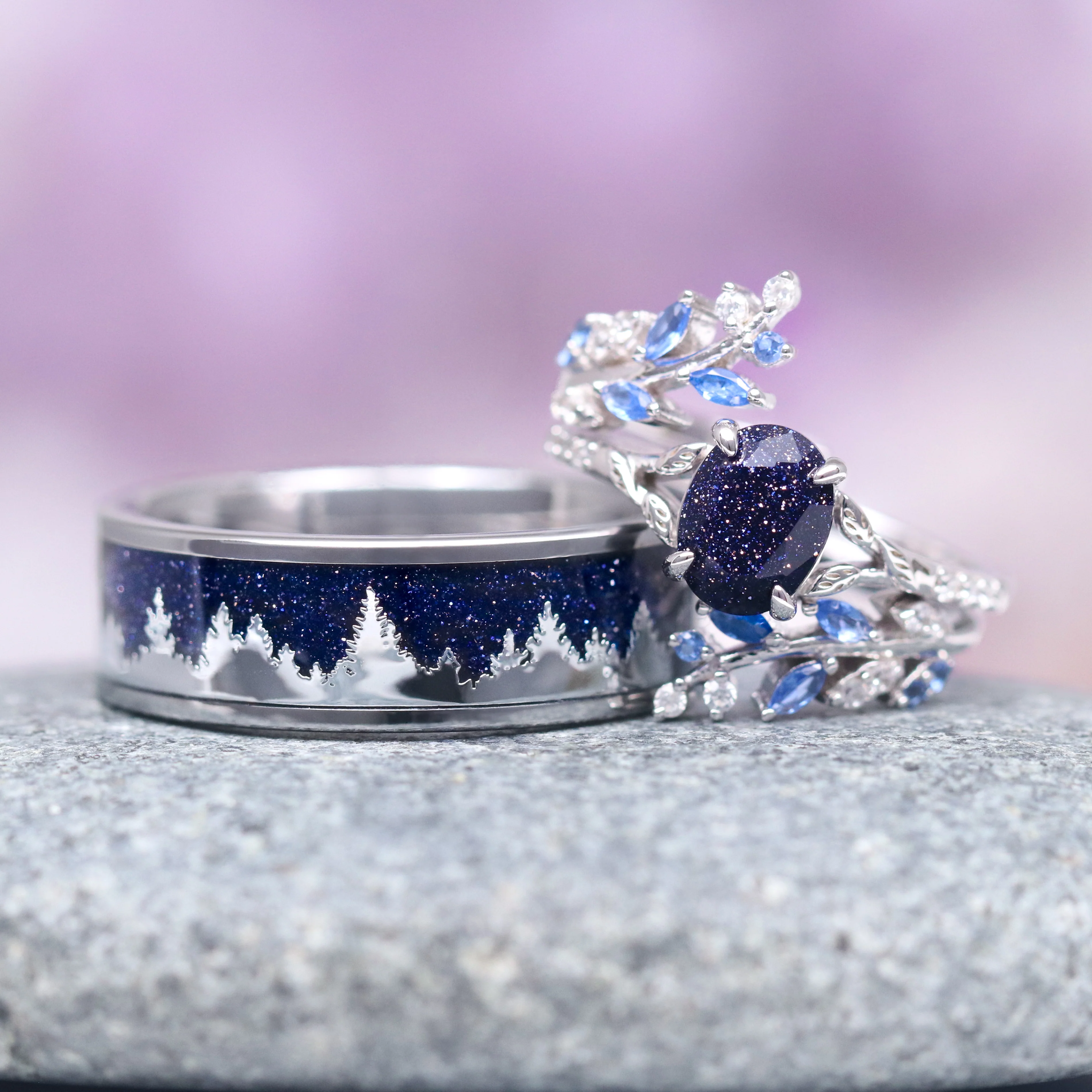 Starry Night & Sapphire Leaf Ring Set- 14K White Gold - Image 3