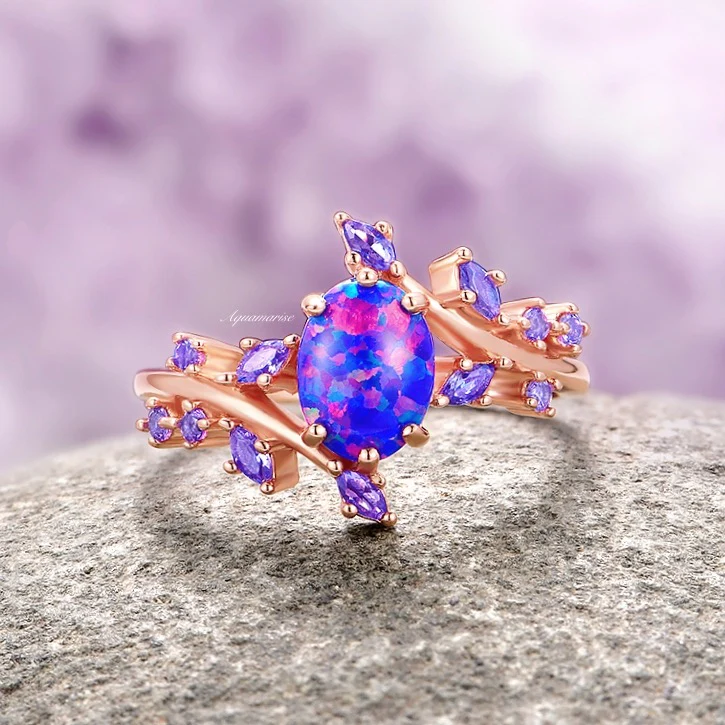 Starry Night Van Gogh Fire Opal & Rose Gold Leaf Couples Ring Set - Image 10