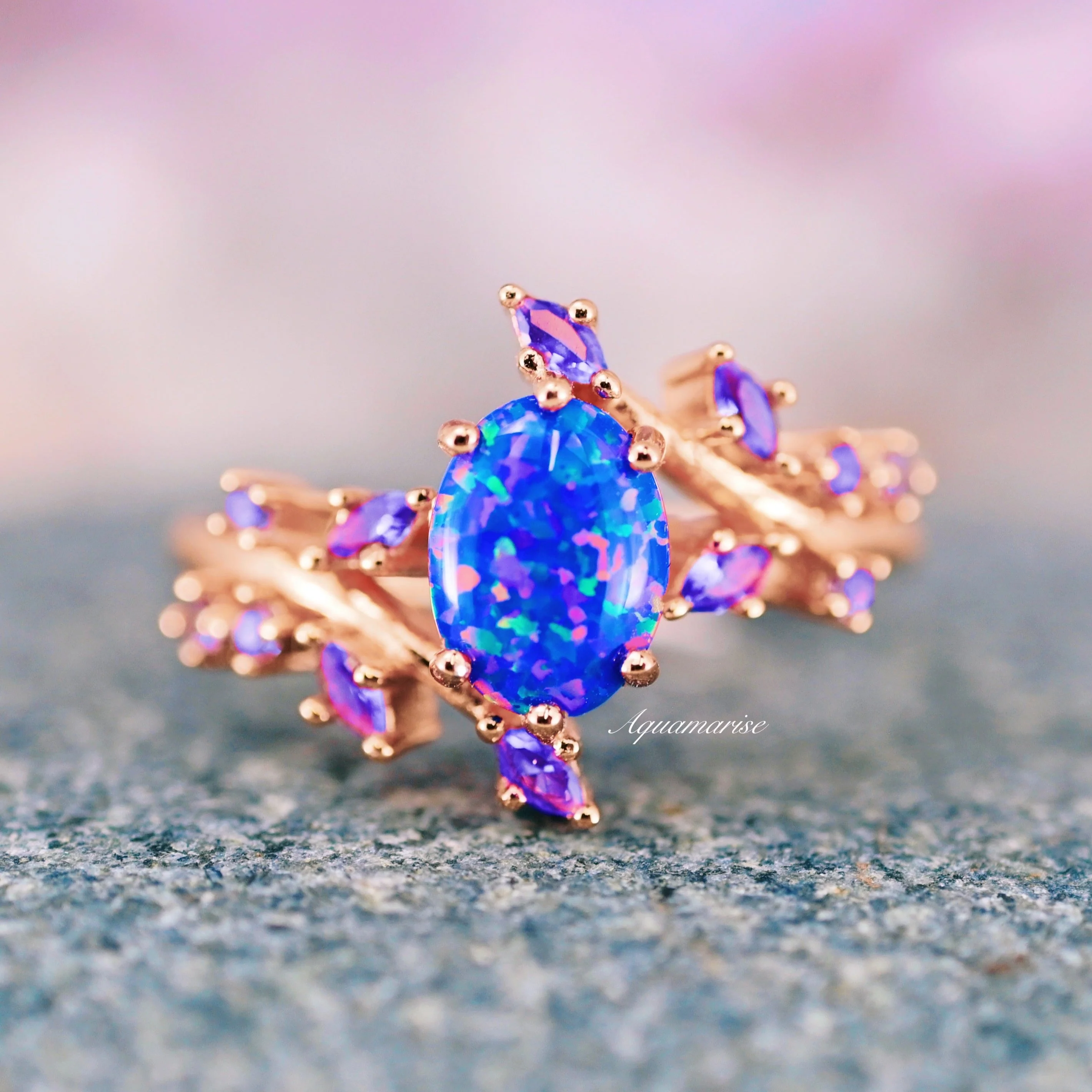 Starry Night Van Gogh Fire Opal & Rose Gold Leaf Couples Ring Set - Image 4