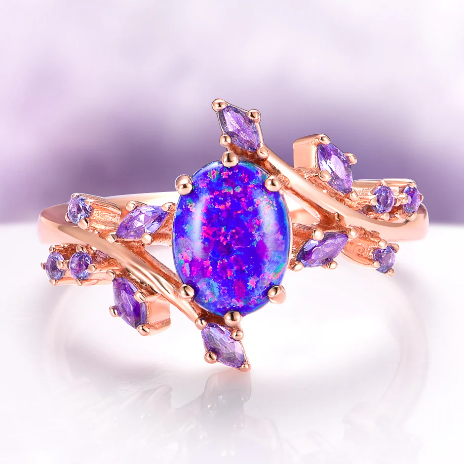 Starry Night Van Gogh Fire Opal & Rose Gold Leaf Couples Ring Set - Image 8