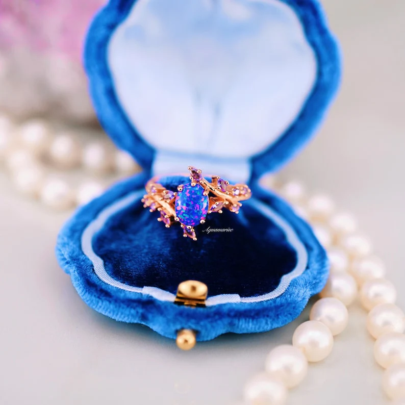 Starry Night Van Gogh Fire Opal & Rose Gold Leaf Couples Ring Set - Image 9