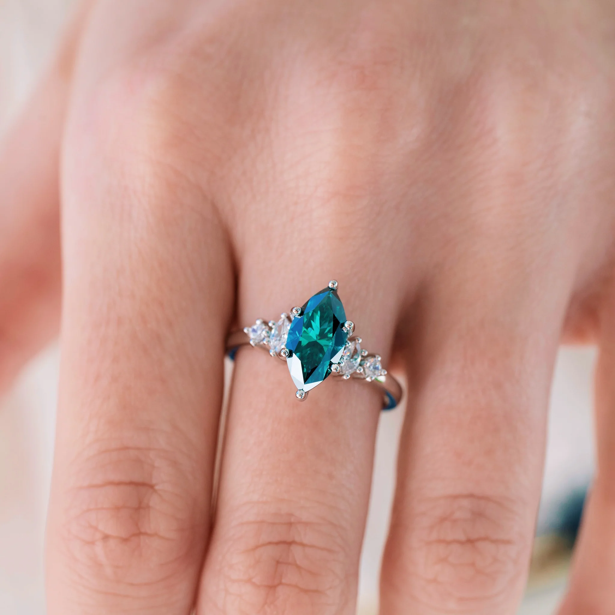 Teal Moissanite Marquise Engagement Ring in Sterling Silver - Image 3