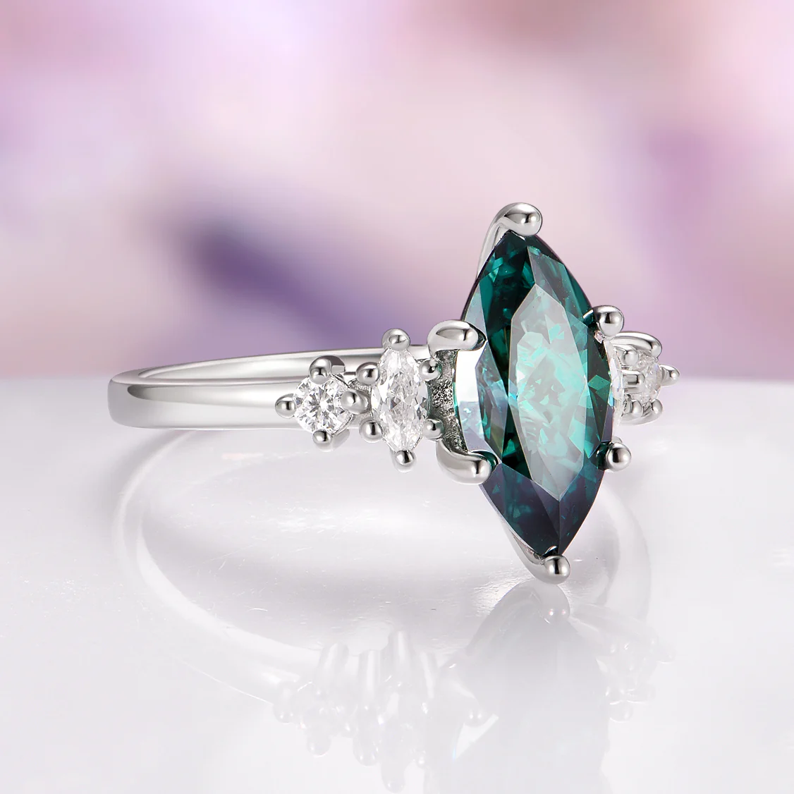 Teal Moissanite Marquise Engagement Ring in Sterling Silver - Image 4